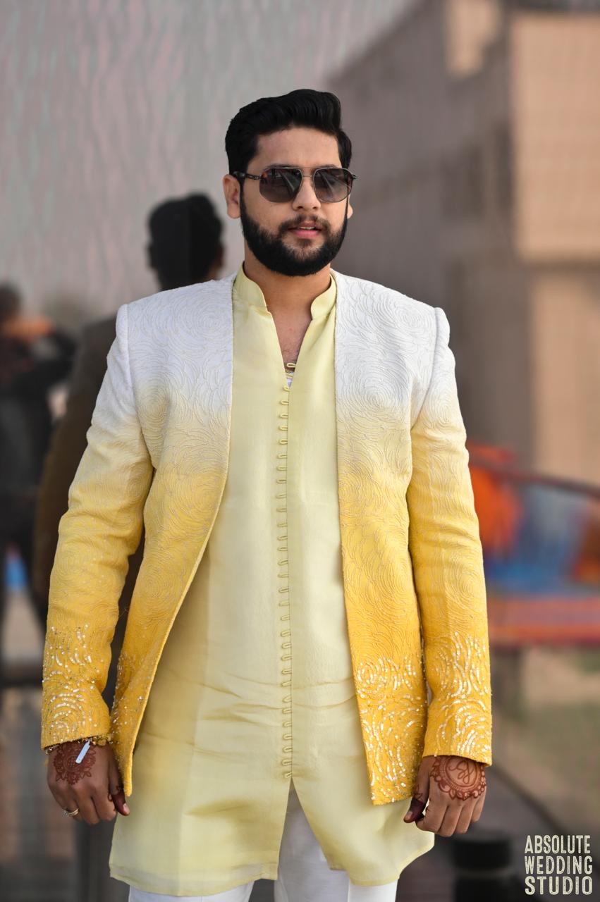Yellow Ombre Open Jacket with Tissue Kurta and Bottom