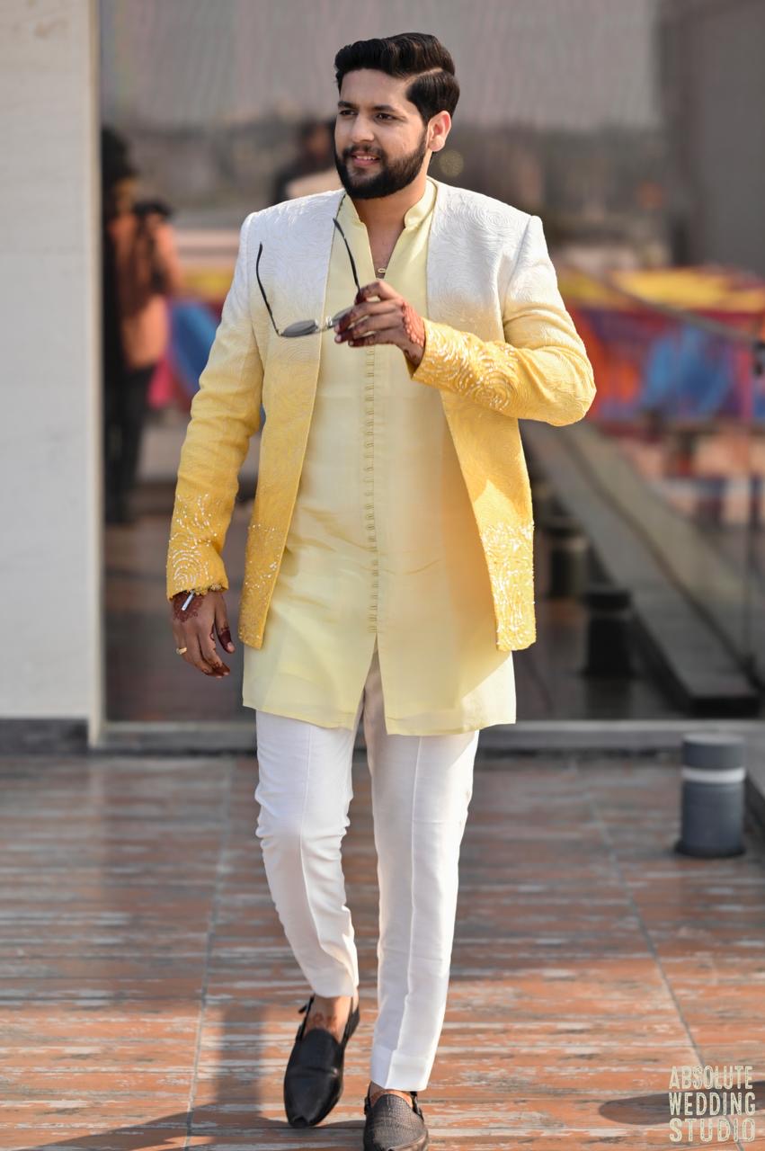 Yellow Ombre Open Jacket with Tissue Kurta and Bottom