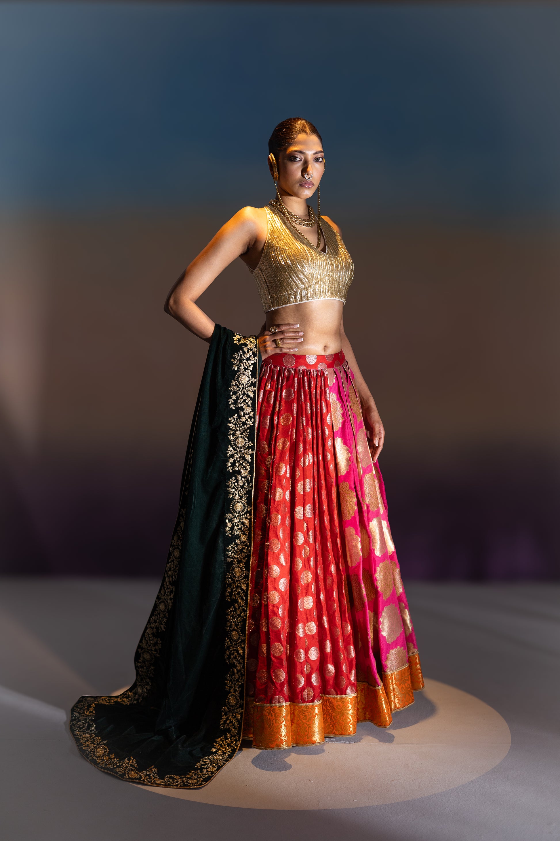 Banarasi Lehenga with Halter Neck Blouse & Velvet Dupatta