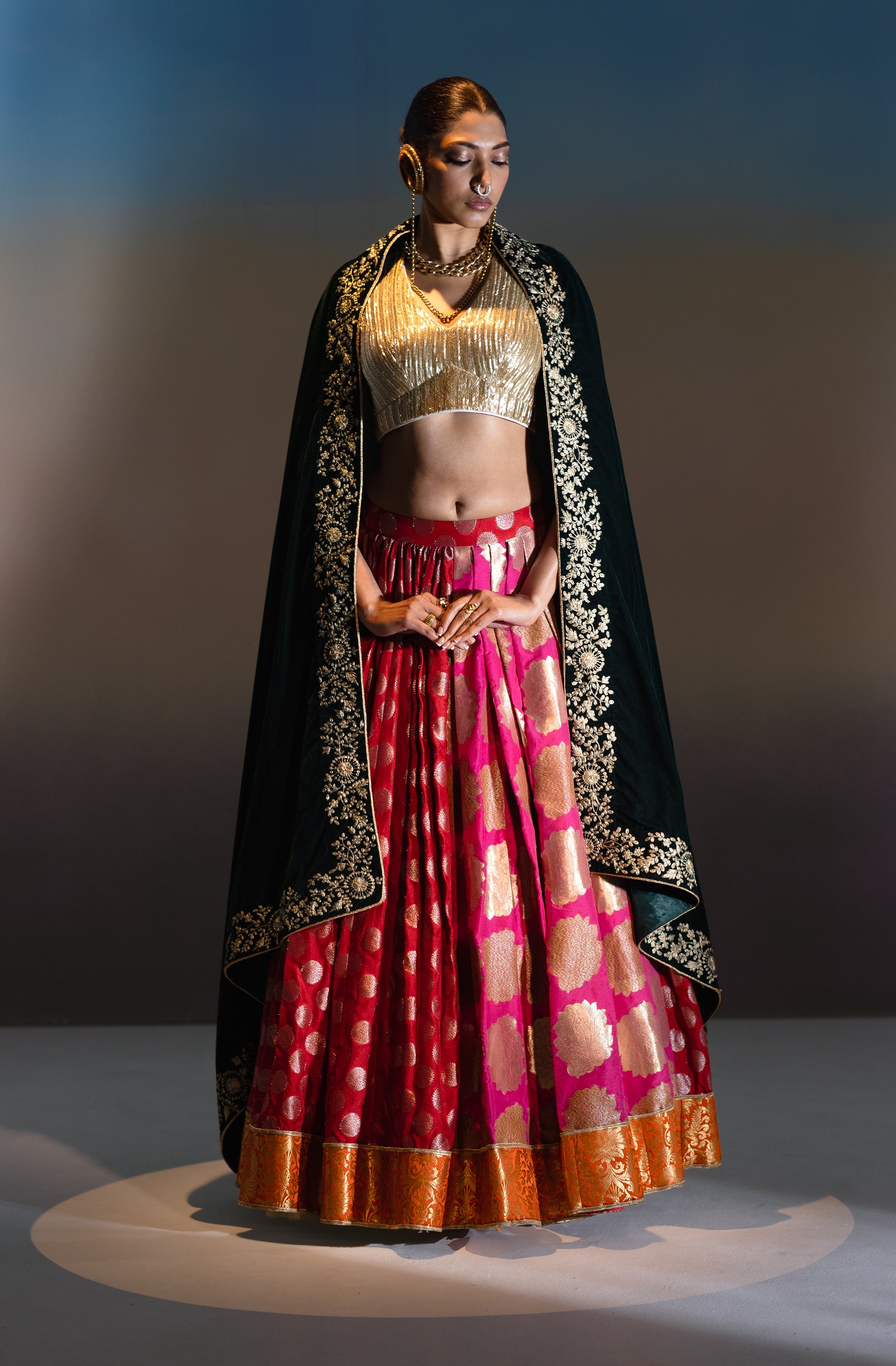 Banarasi Lehenga with Halter Neck Blouse & Velvet Dupatta