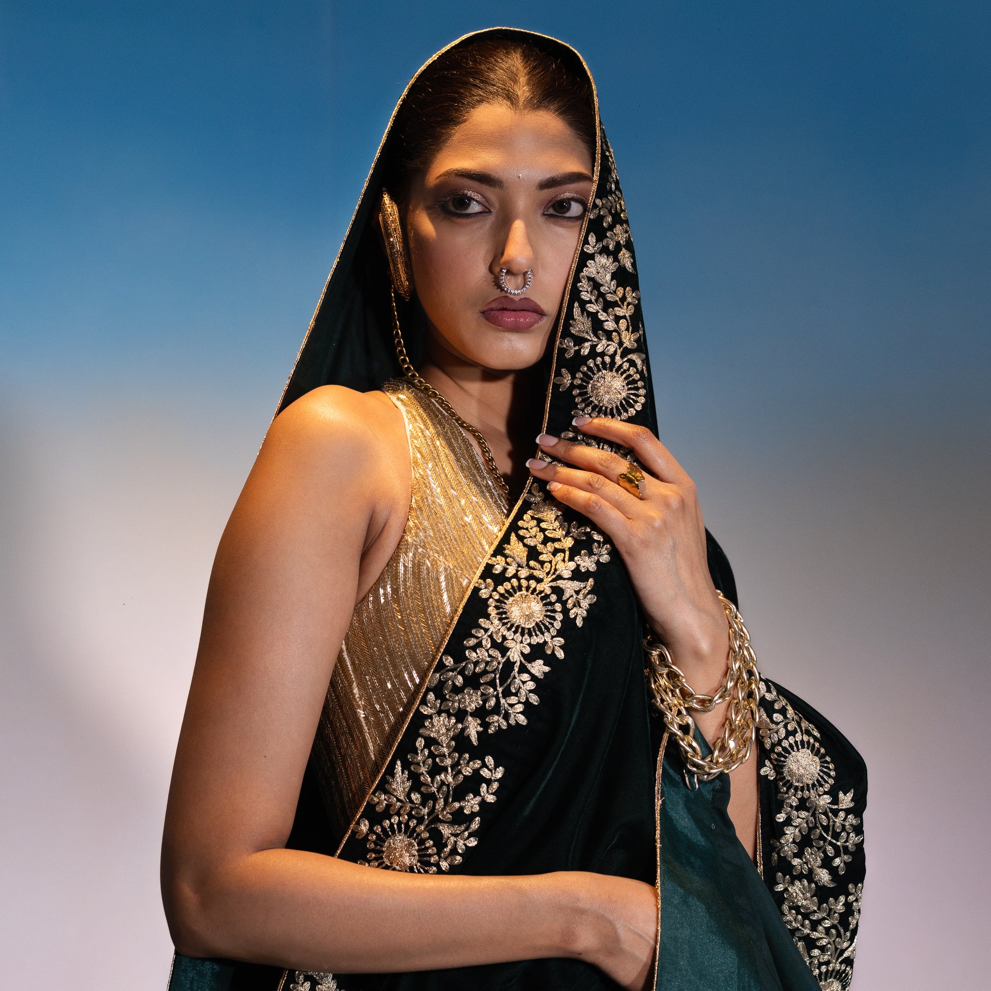 Banarasi Lehenga with Halter Neck Blouse & Velvet Dupatta