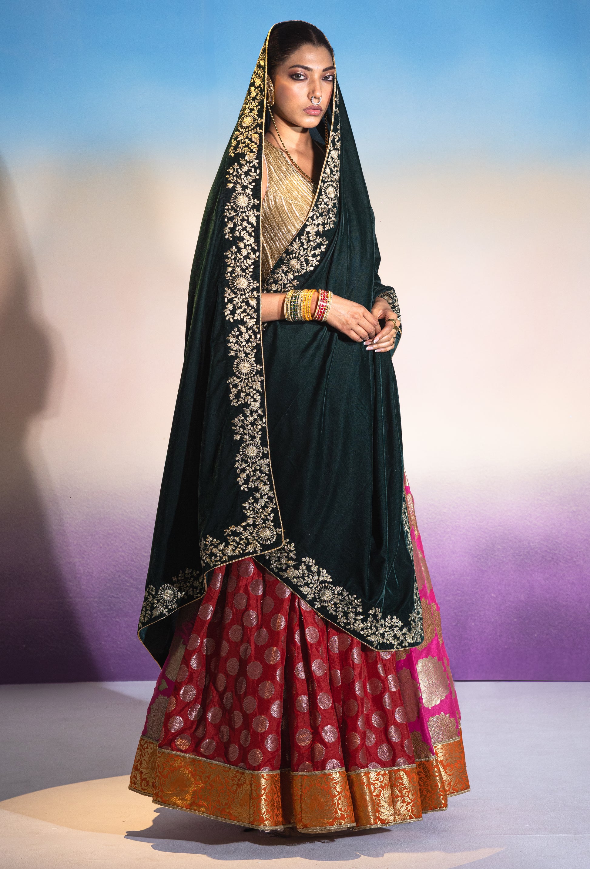 Banarasi Lehenga with Halter Neck Blouse & Velvet Dupatta