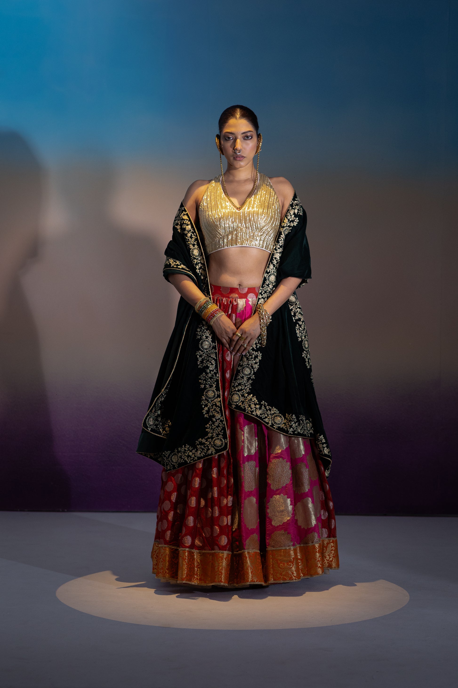 Banarasi Lehenga with Halter Neck Blouse & Velvet Dupatta