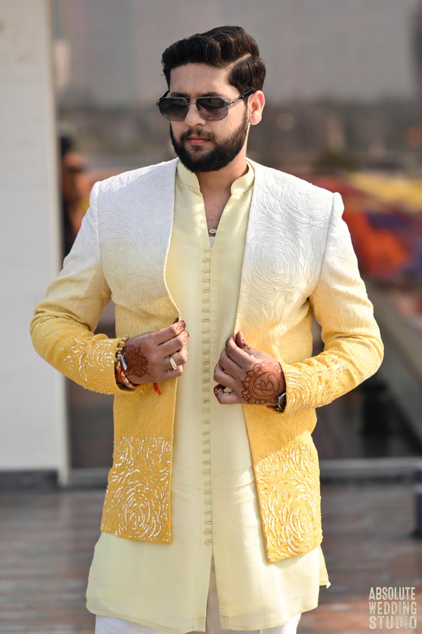Yellow Ombre Open Jacket with Tissue Kurta and Bottom