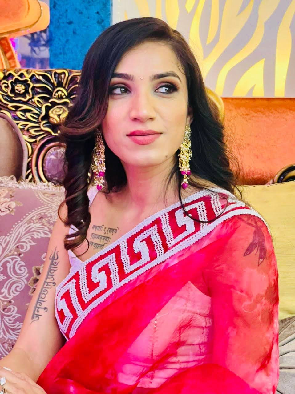 Elegant Red Sheer Saree with Greek Key Border