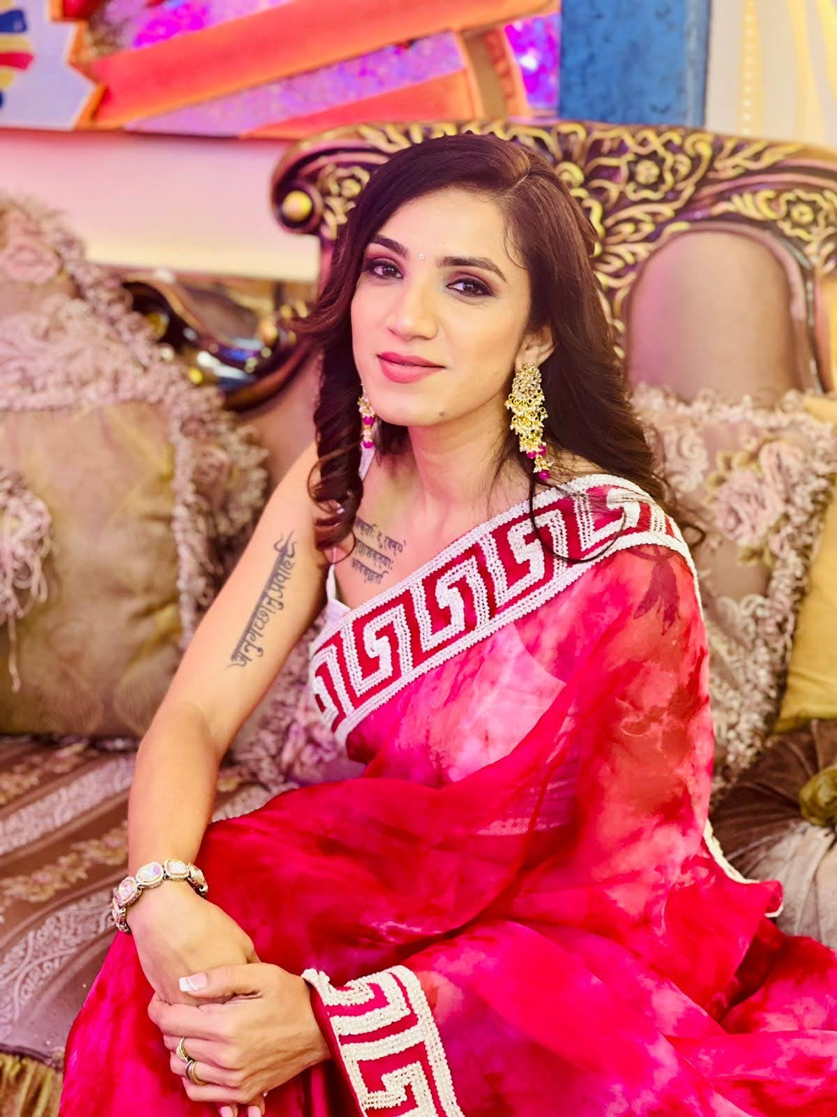 Elegant Red Sheer Saree with Greek Key Border