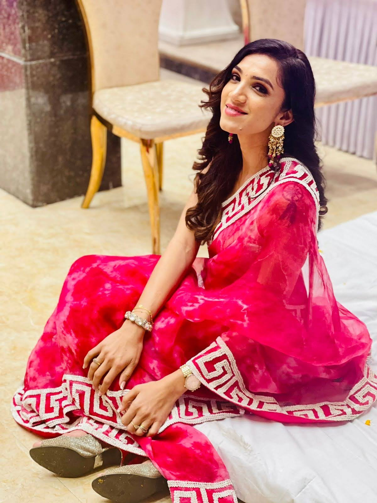 Elegant Red Sheer Saree with Greek Key Border