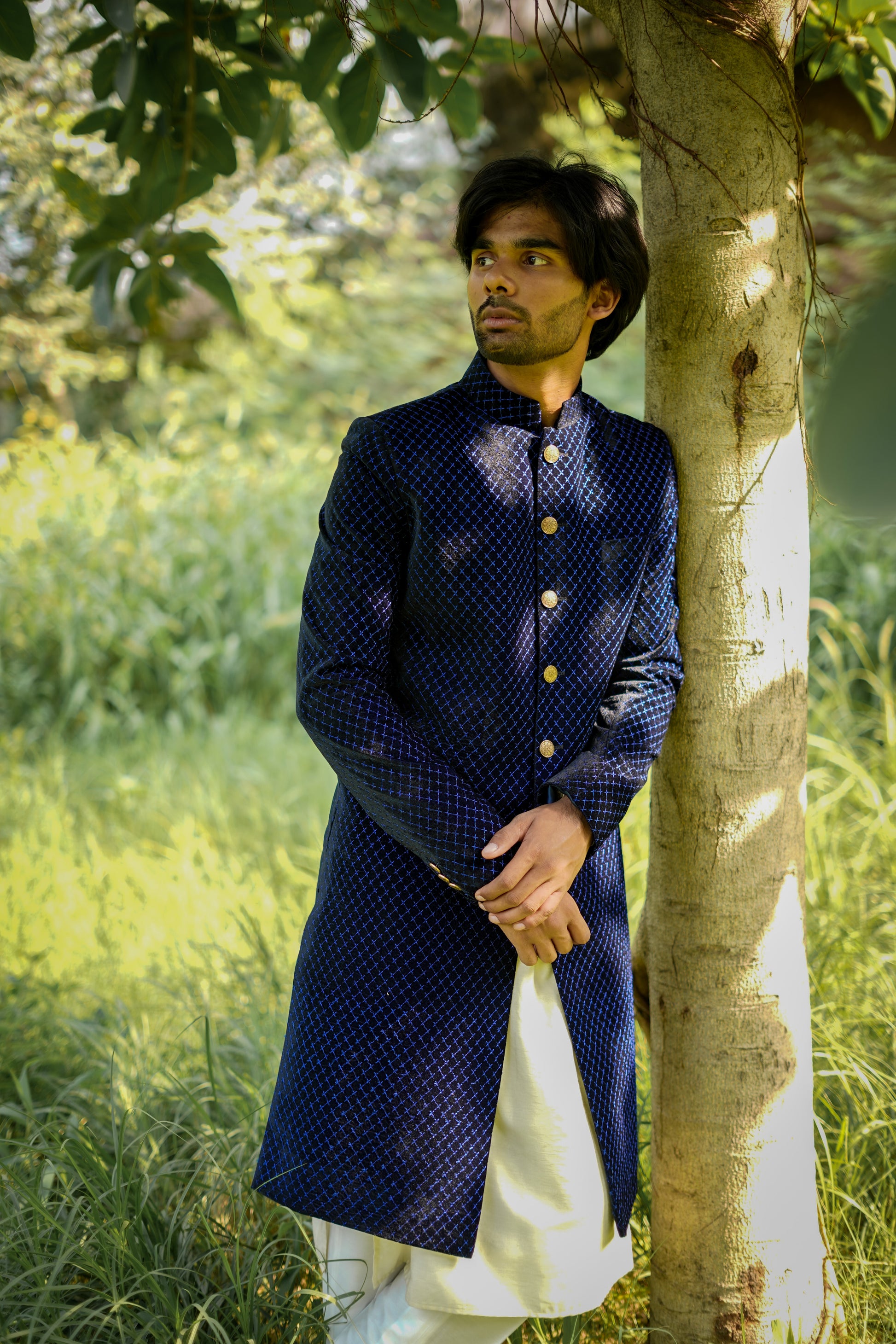 Blue velvet Achkan set including kurta and bottom