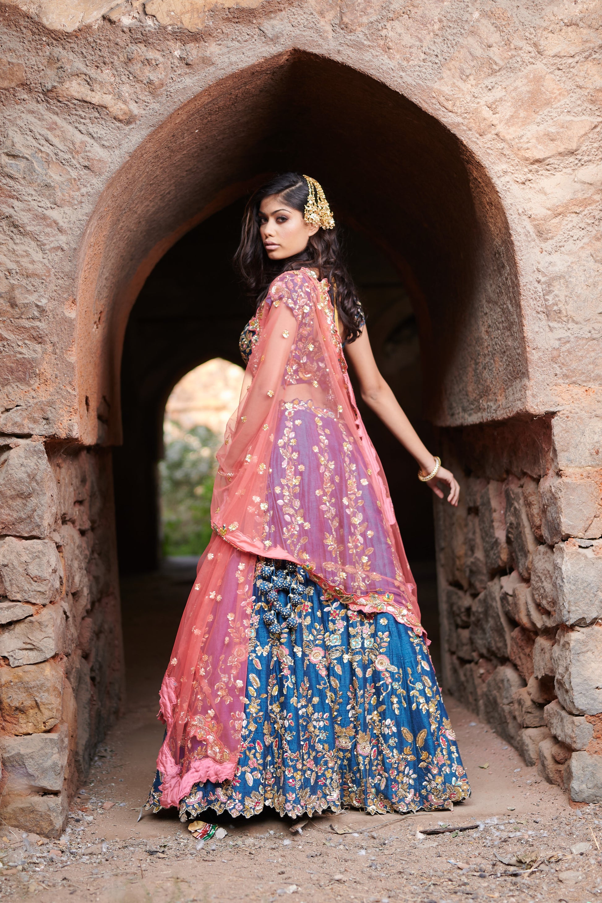 Pre-Bridal Raw Silk Lehenga with Net Dupatta – Hand Embroidered in Blue