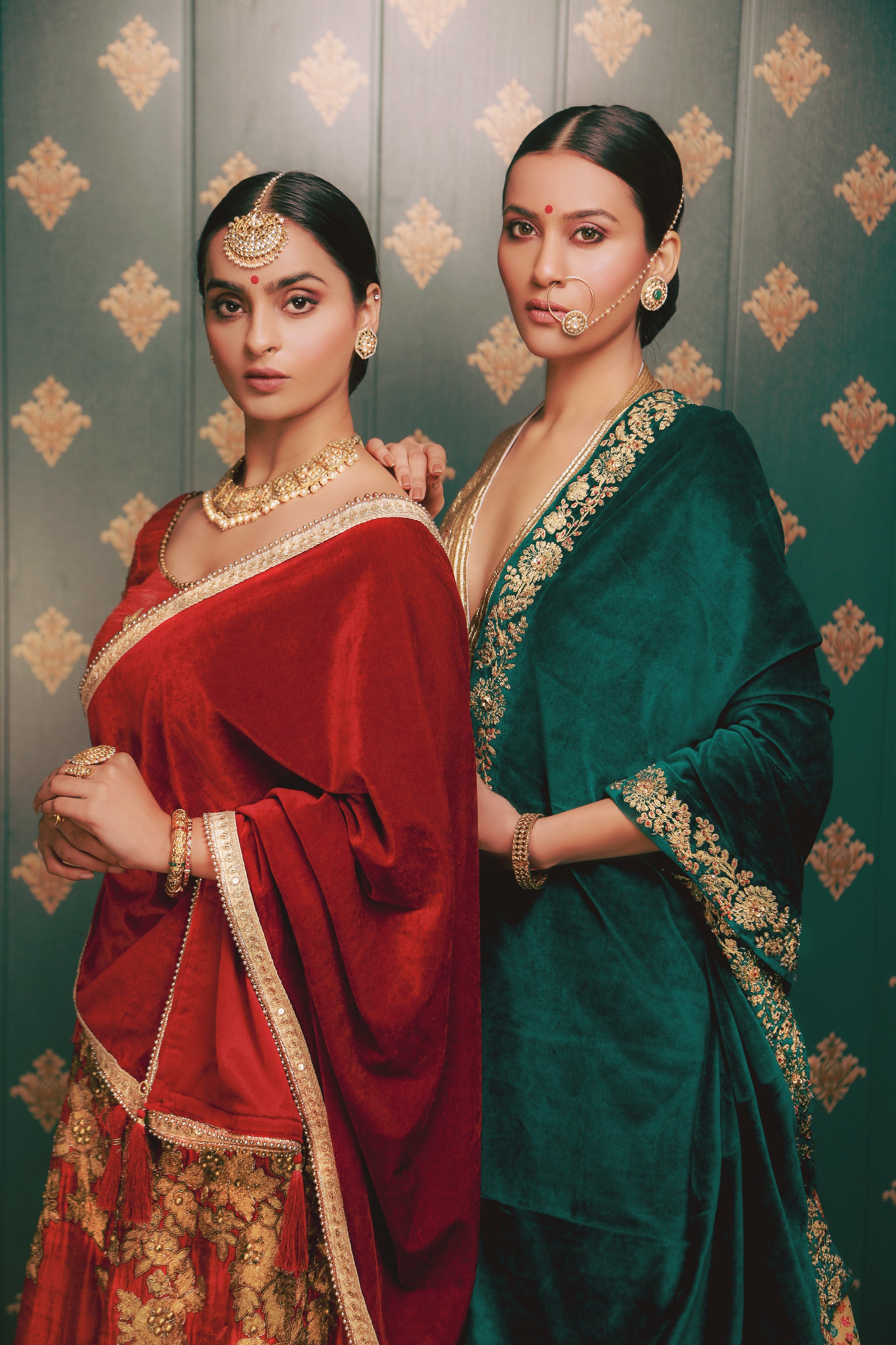 Royal Teal Velvet Dupatta with Gold Blouse & Floral Lehenga