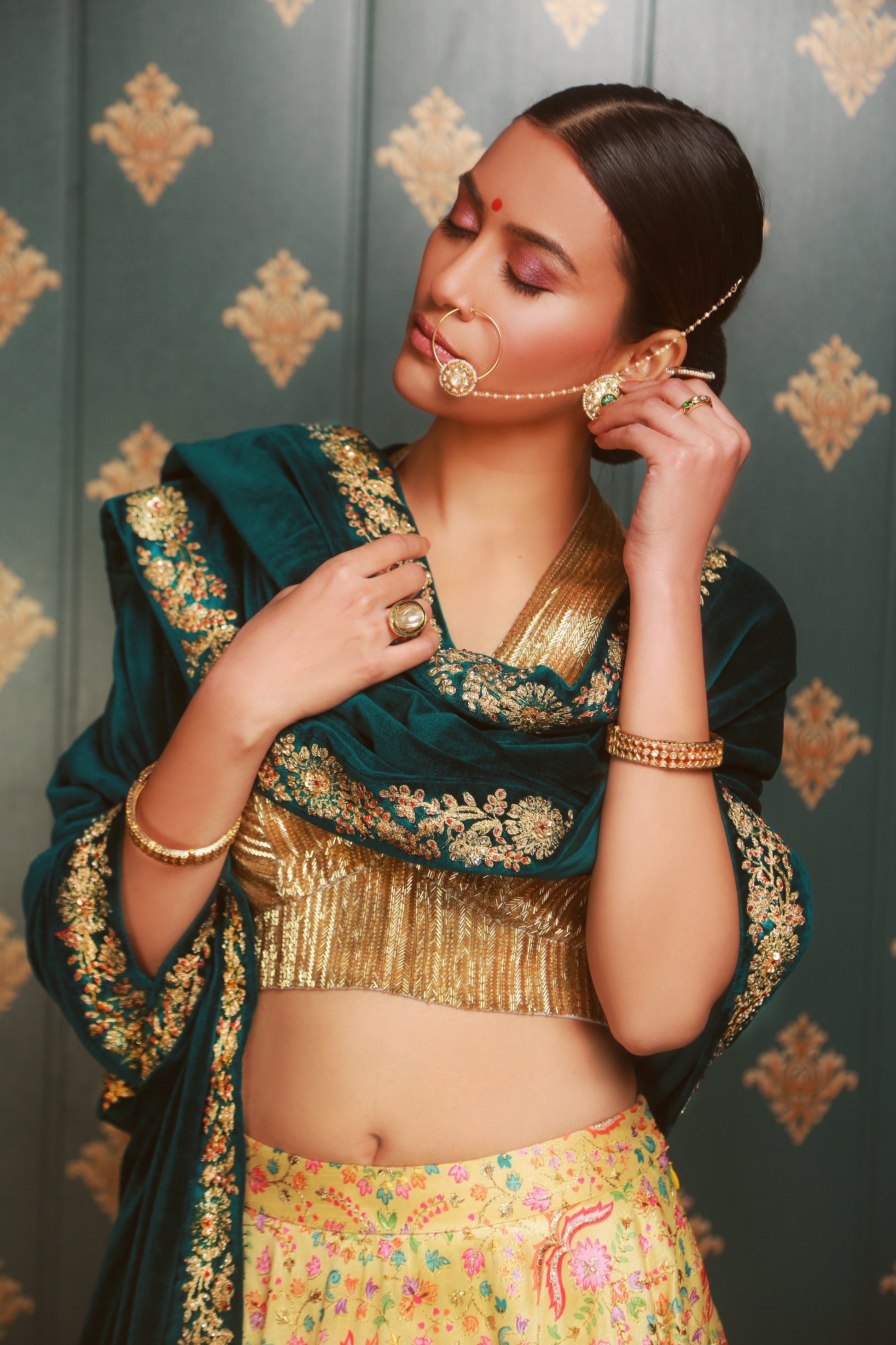 Royal Teal Velvet Dupatta with Gold Blouse & Floral Lehenga