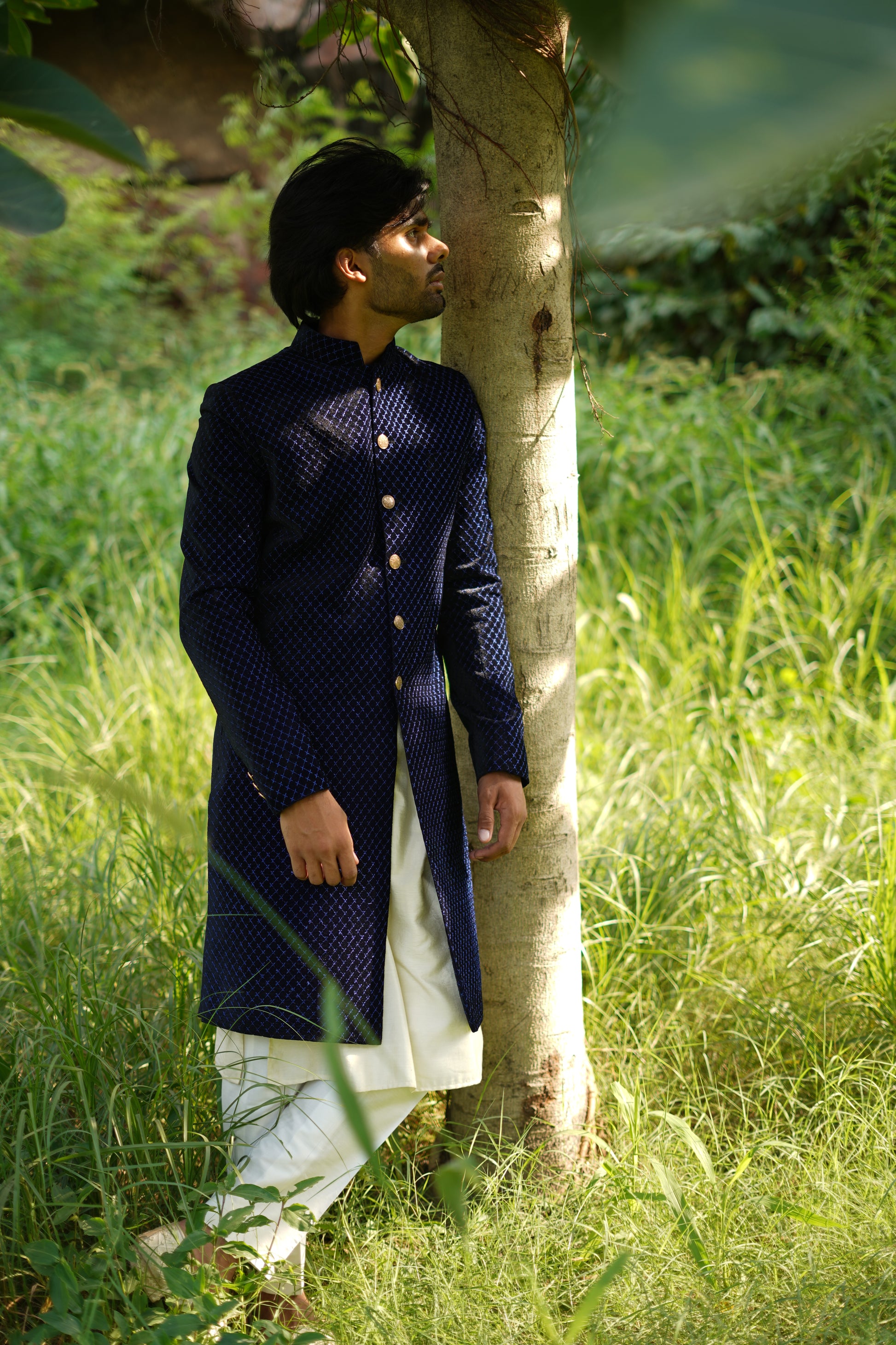 Blue velvet Achkan set including kurta and bottom