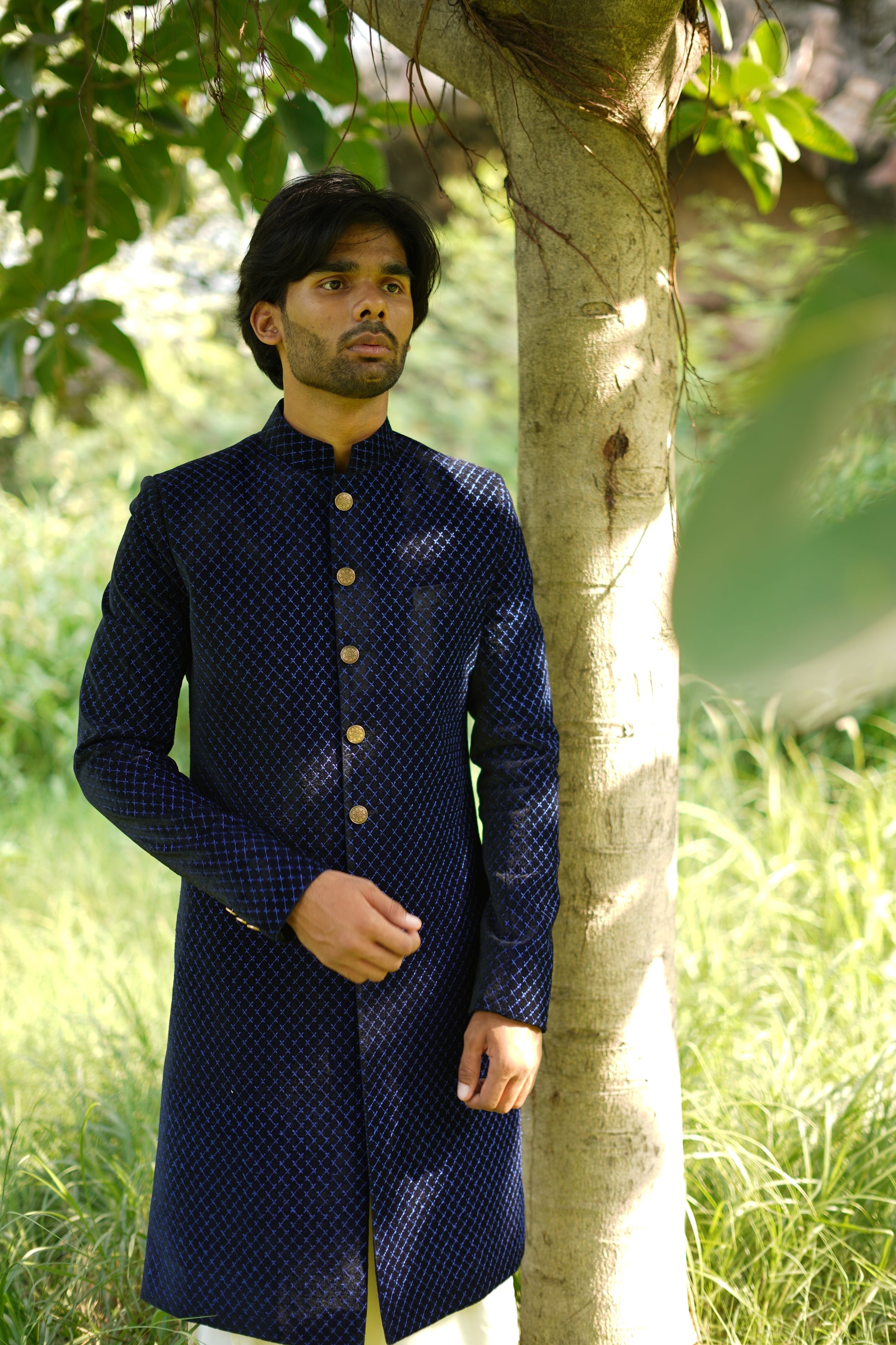 Blue velvet Achkan set including kurta and bottom