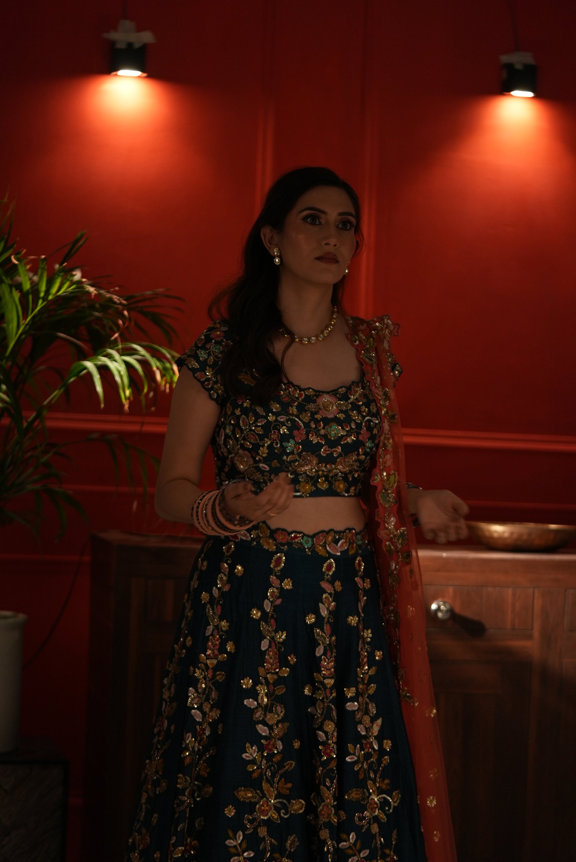 Pre-Bridal Raw Silk Lehenga with Net Dupatta – Hand Embroidered in Blue