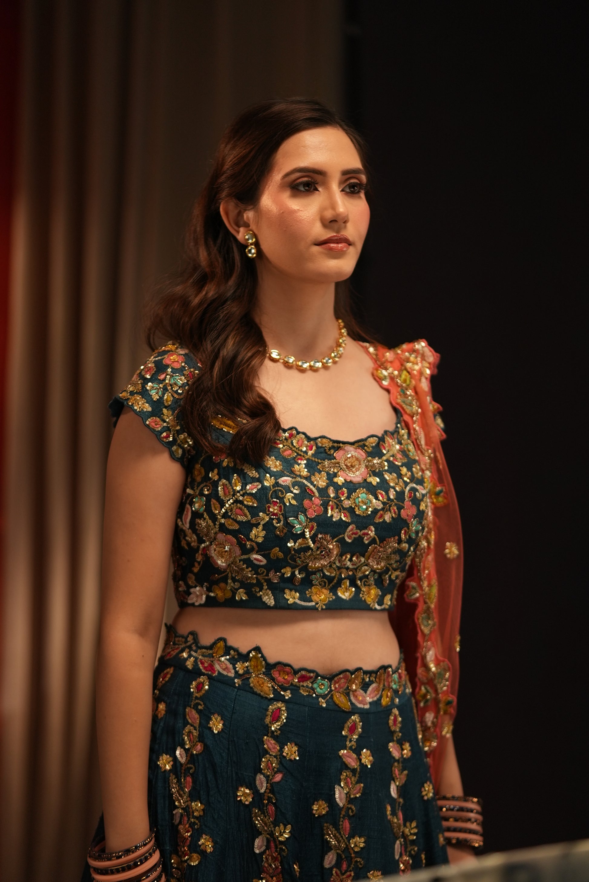Pre-Bridal Raw Silk Lehenga with Net Dupatta – Hand Embroidered in Blue