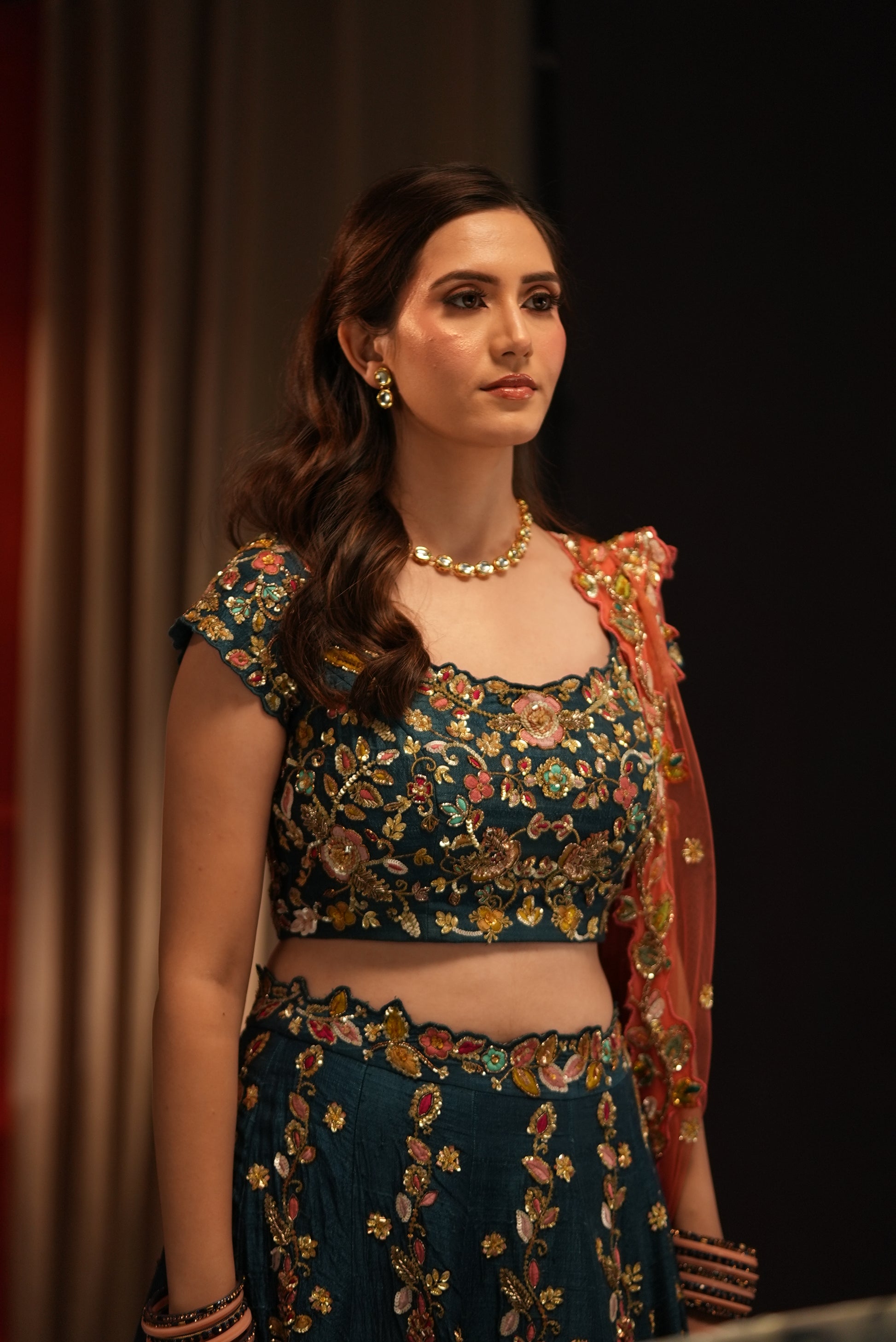 Pre-Bridal Raw Silk Lehenga with Net Dupatta – Hand Embroidered in Blue
