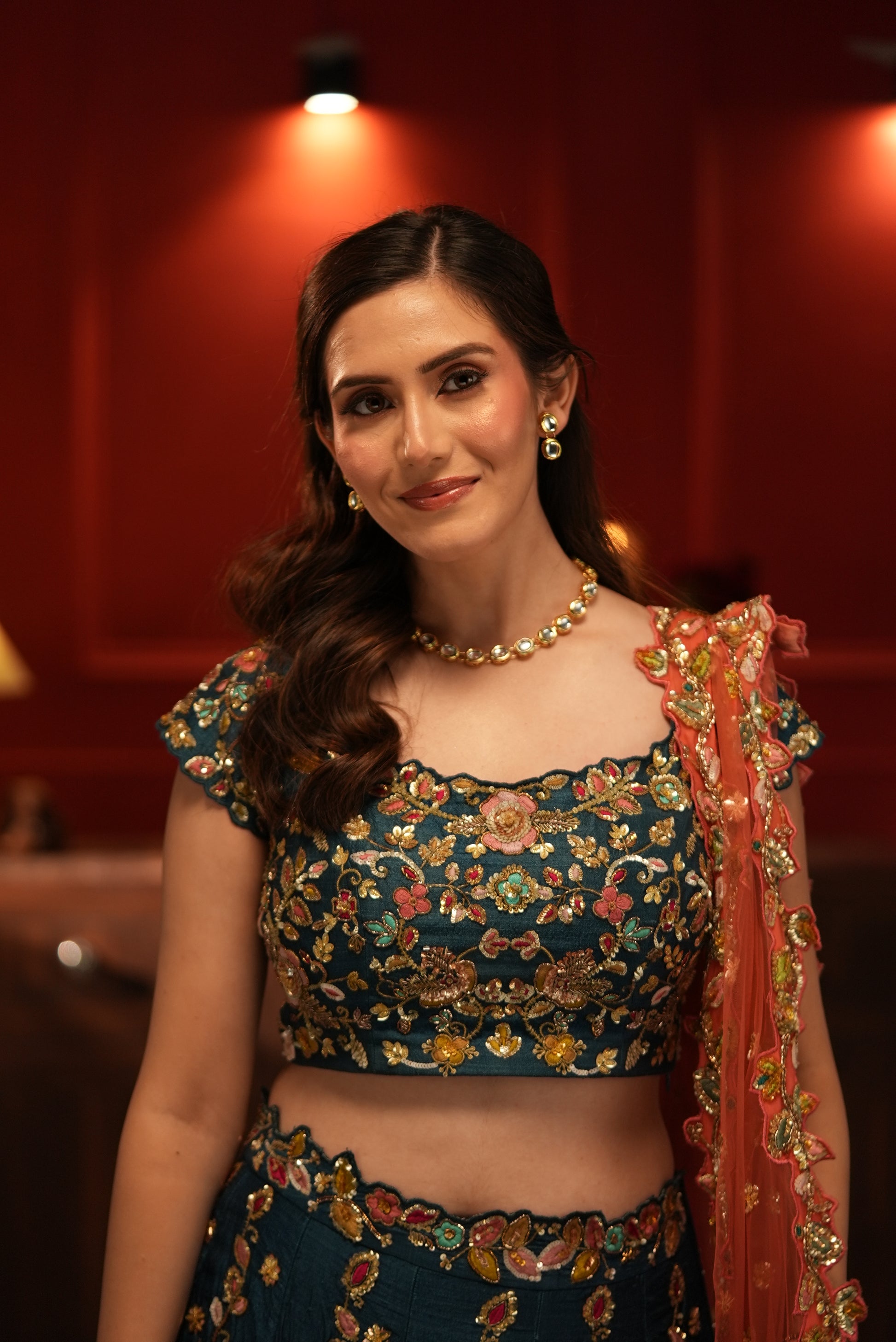 Pre-Bridal Raw Silk Lehenga with Net Dupatta – Hand Embroidered in Blue