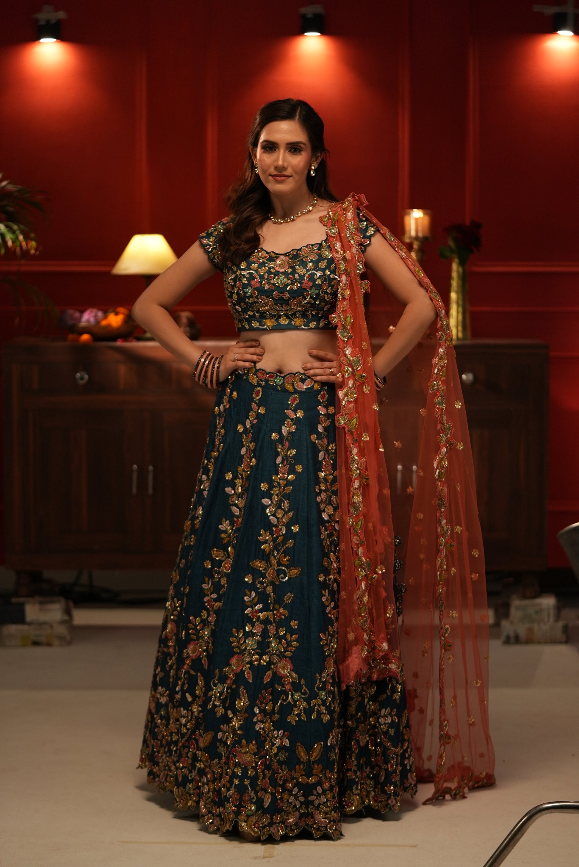 Pre-Bridal Raw Silk Lehenga with Net Dupatta – Hand Embroidered in Blue