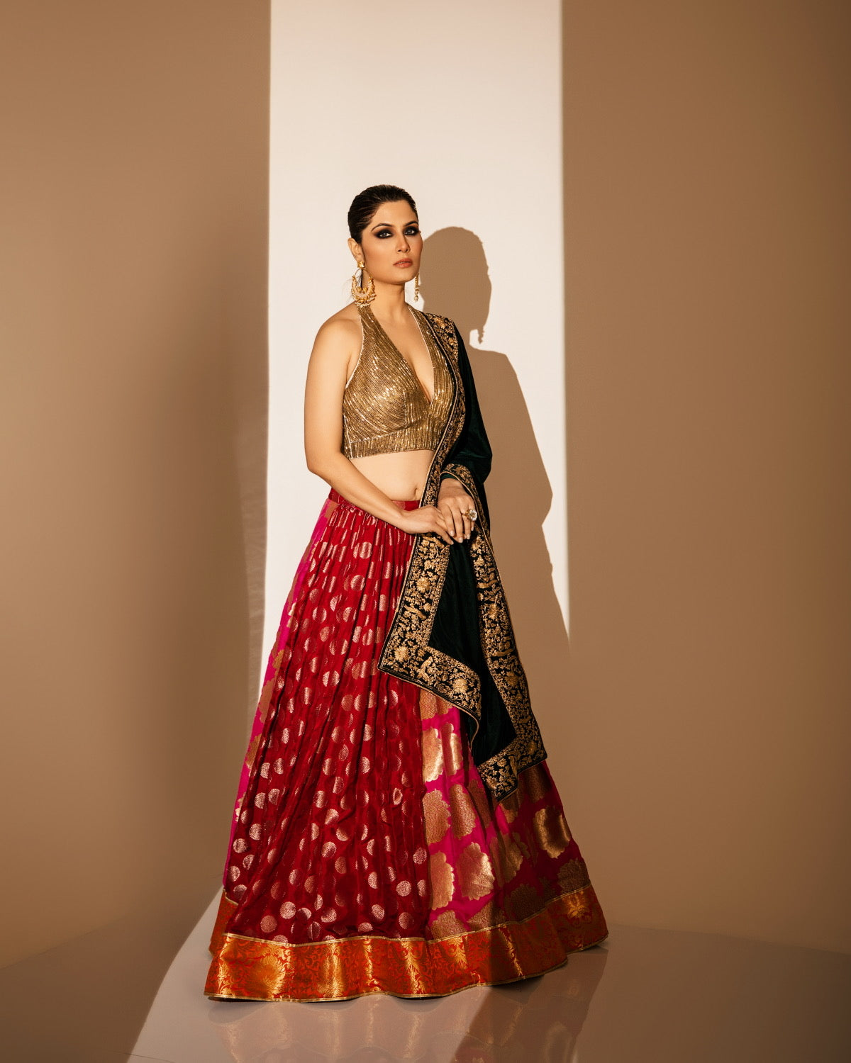 Banarasi Lehenga with Halter Neck Blouse & Velvet Dupatta
