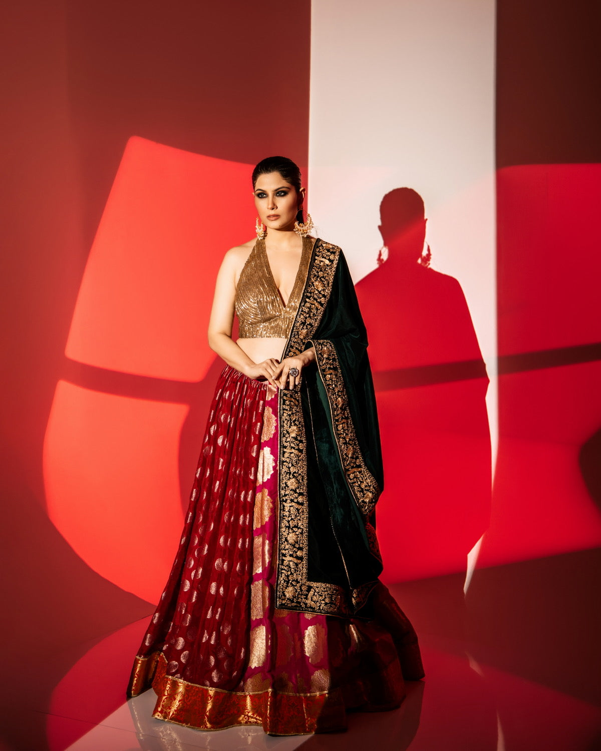 Banarasi Lehenga with Halter Neck Blouse & Velvet Dupatta