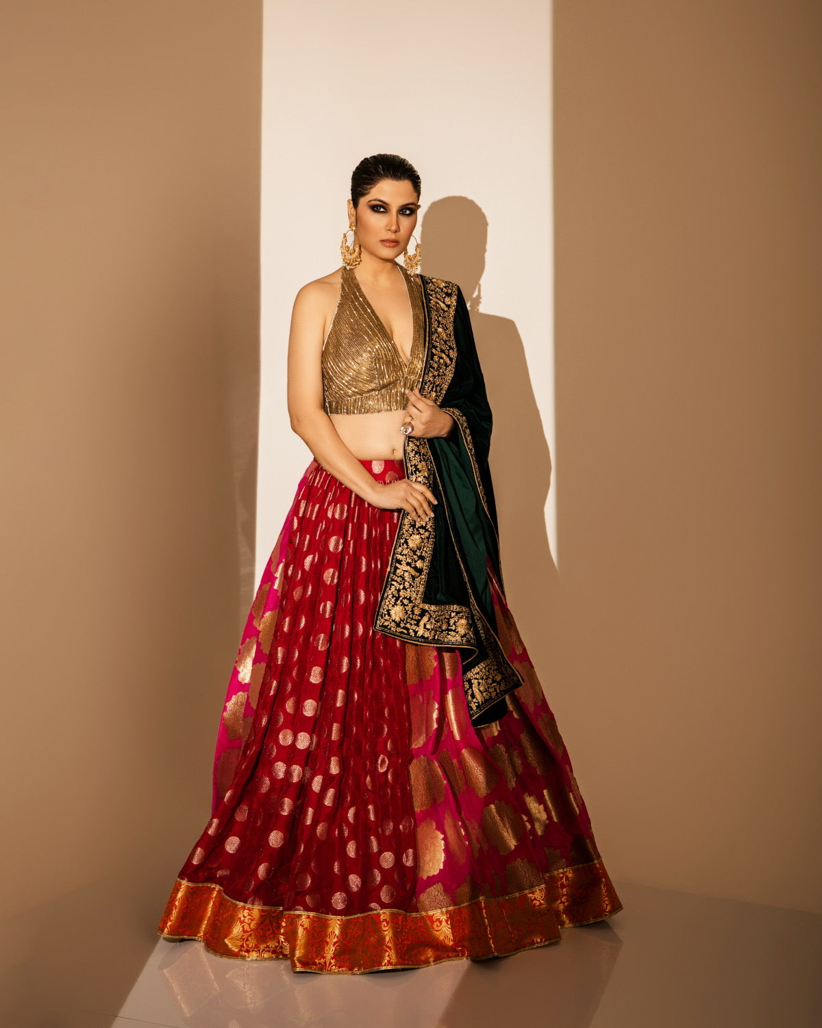 Banarasi Lehenga with Halter Neck Blouse & Velvet Dupatta