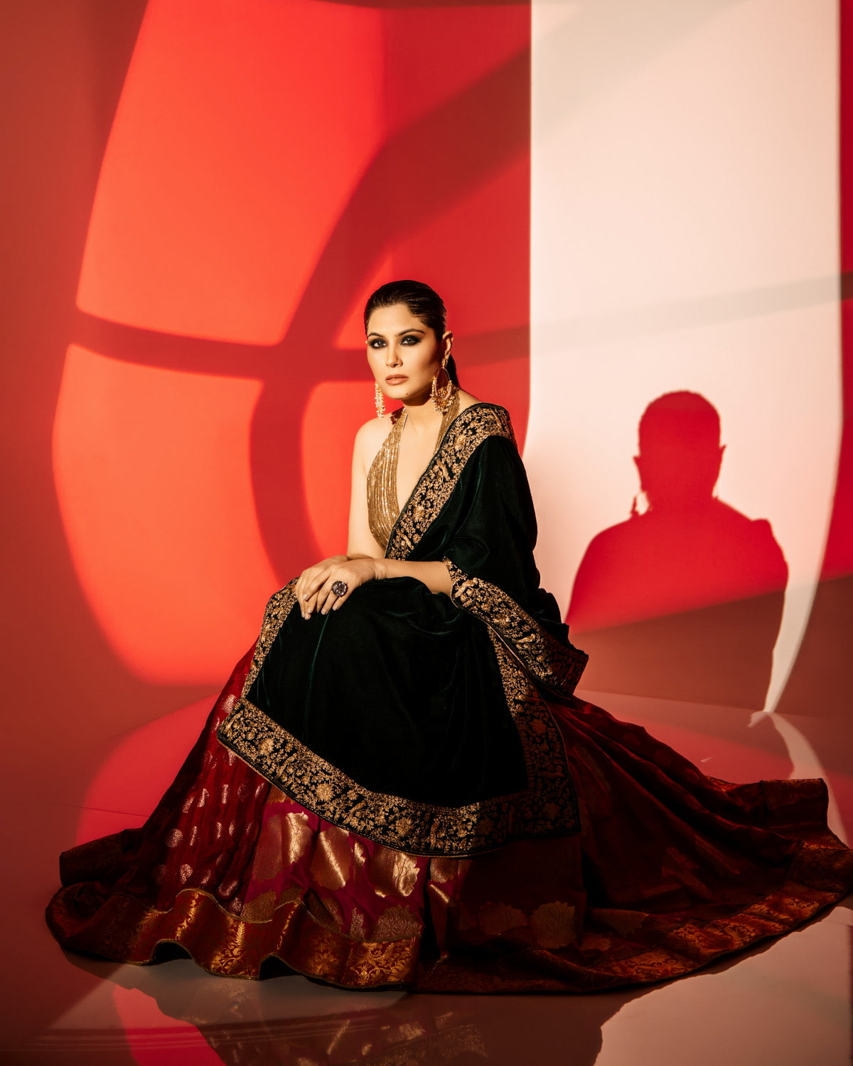 Banarasi Lehenga with Halter Neck Blouse & Velvet Dupatta