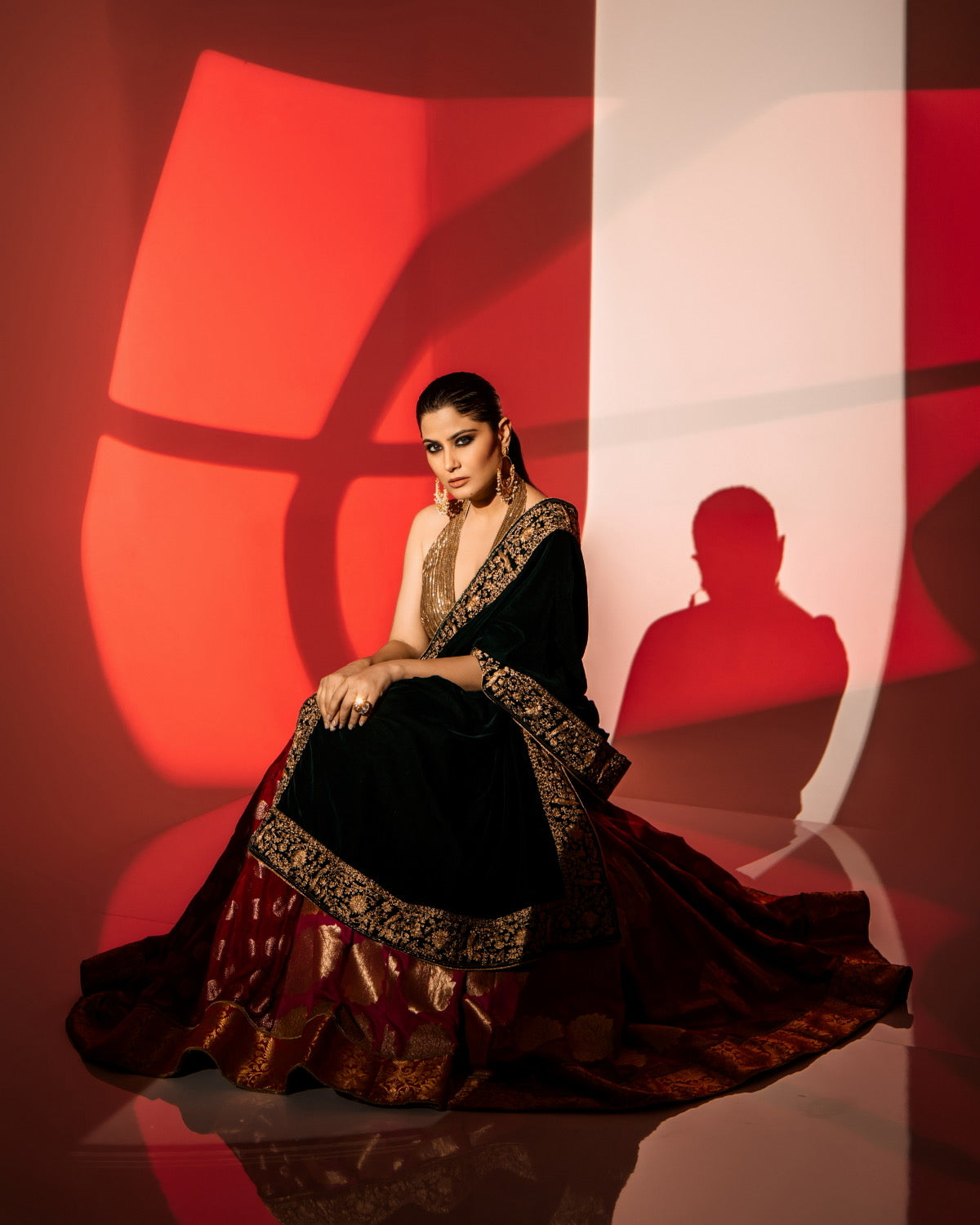 Banarasi Lehenga with Halter Neck Blouse & Velvet Dupatta