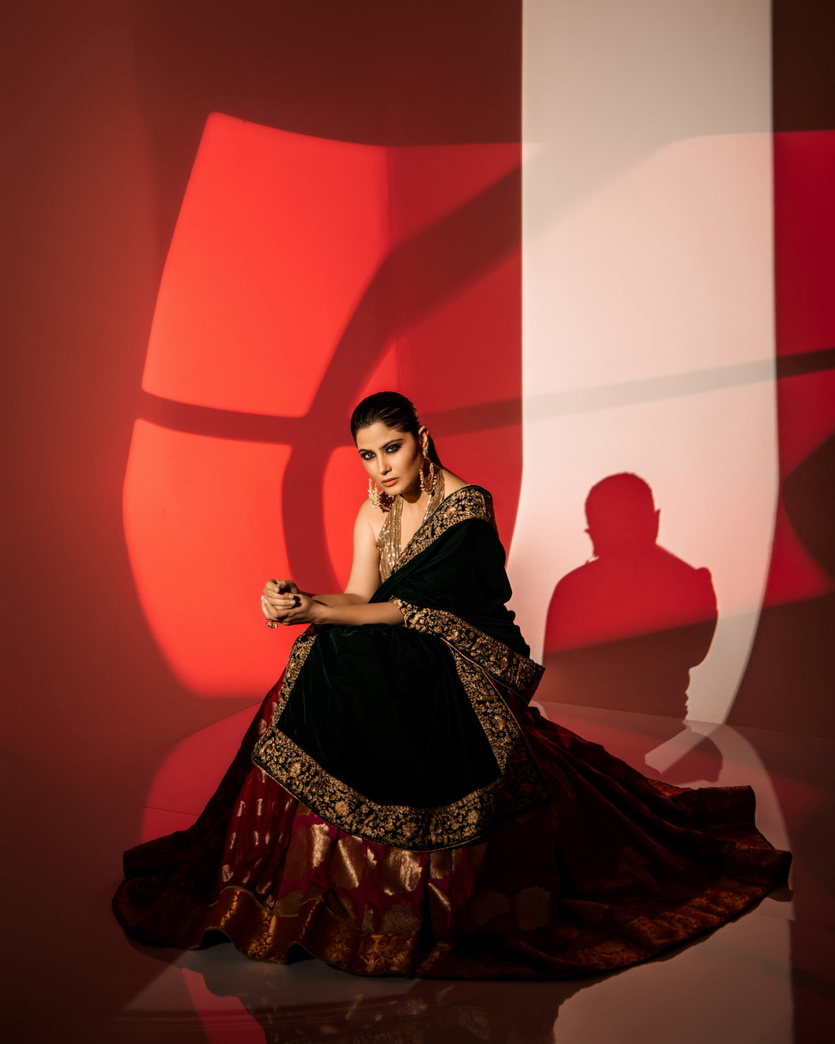 Banarasi Lehenga with Halter Neck Blouse & Velvet Dupatta