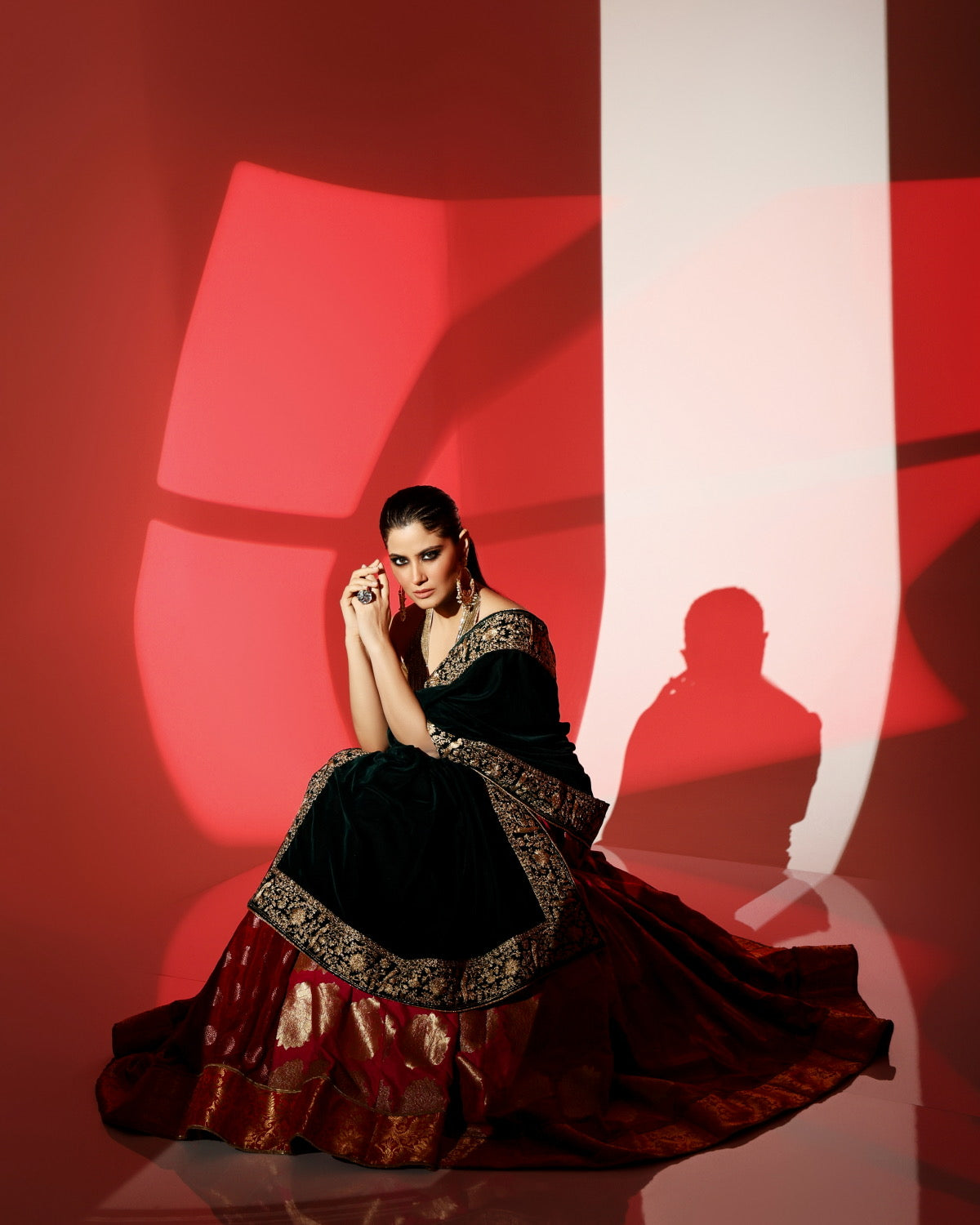 Banarasi Lehenga with Halter Neck Blouse & Velvet Dupatta