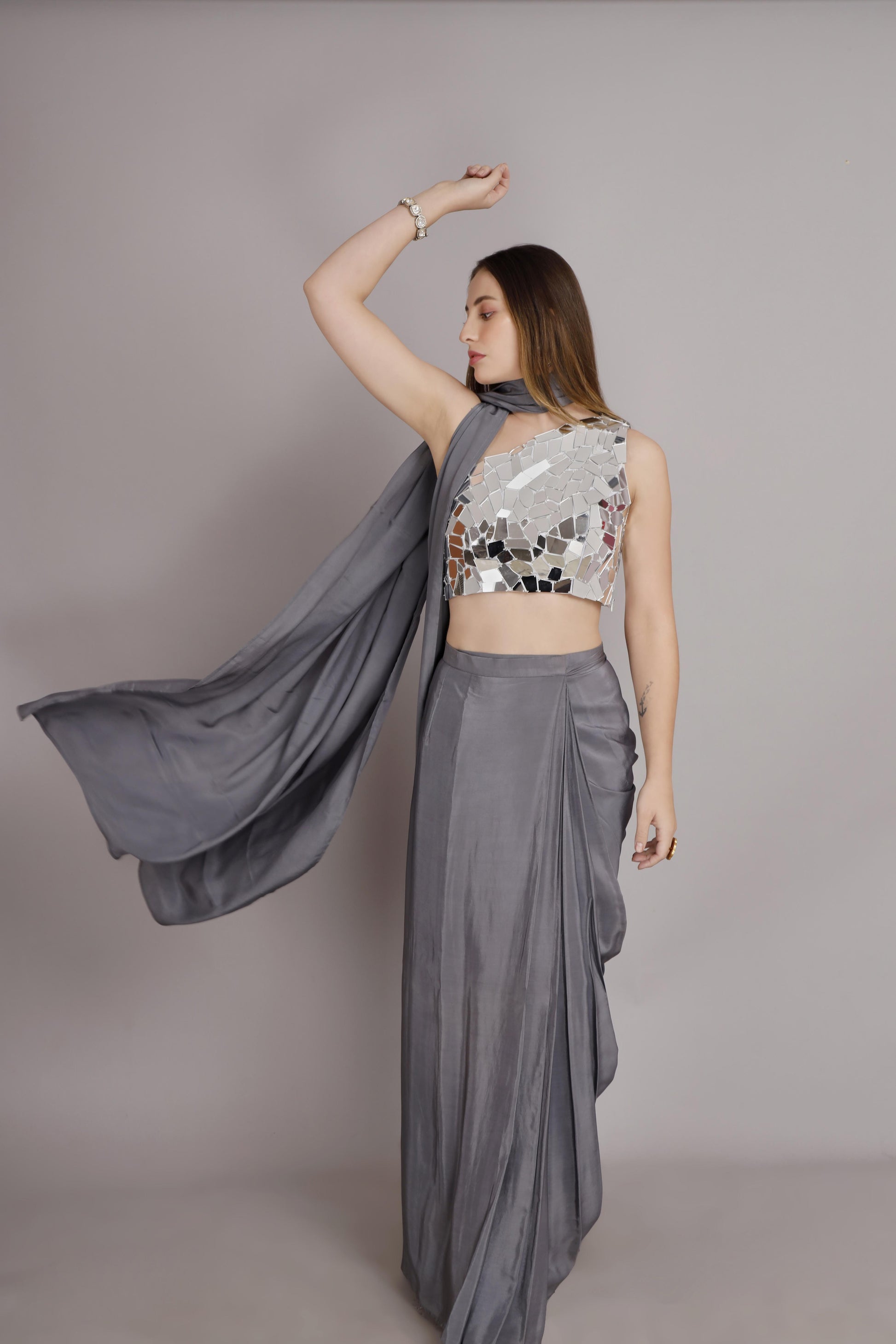 Ready-to-Wear Abstract Mirror One-Shoulder Blouse with Pre-Draped Saree – Grey Crepe