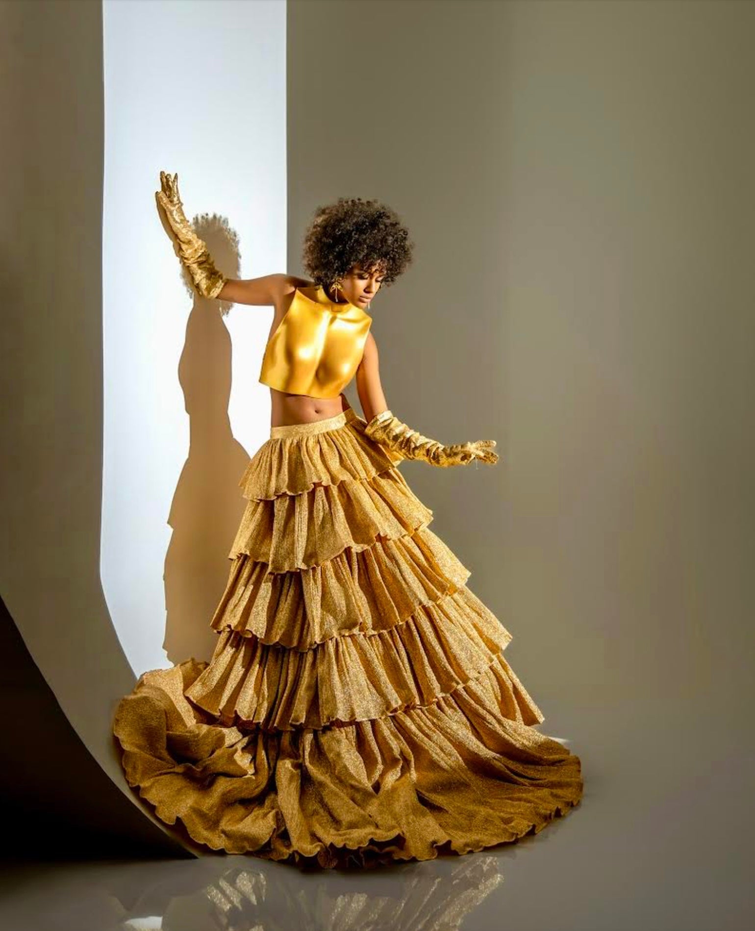 Gold Metal Top with Crinkled Skirt