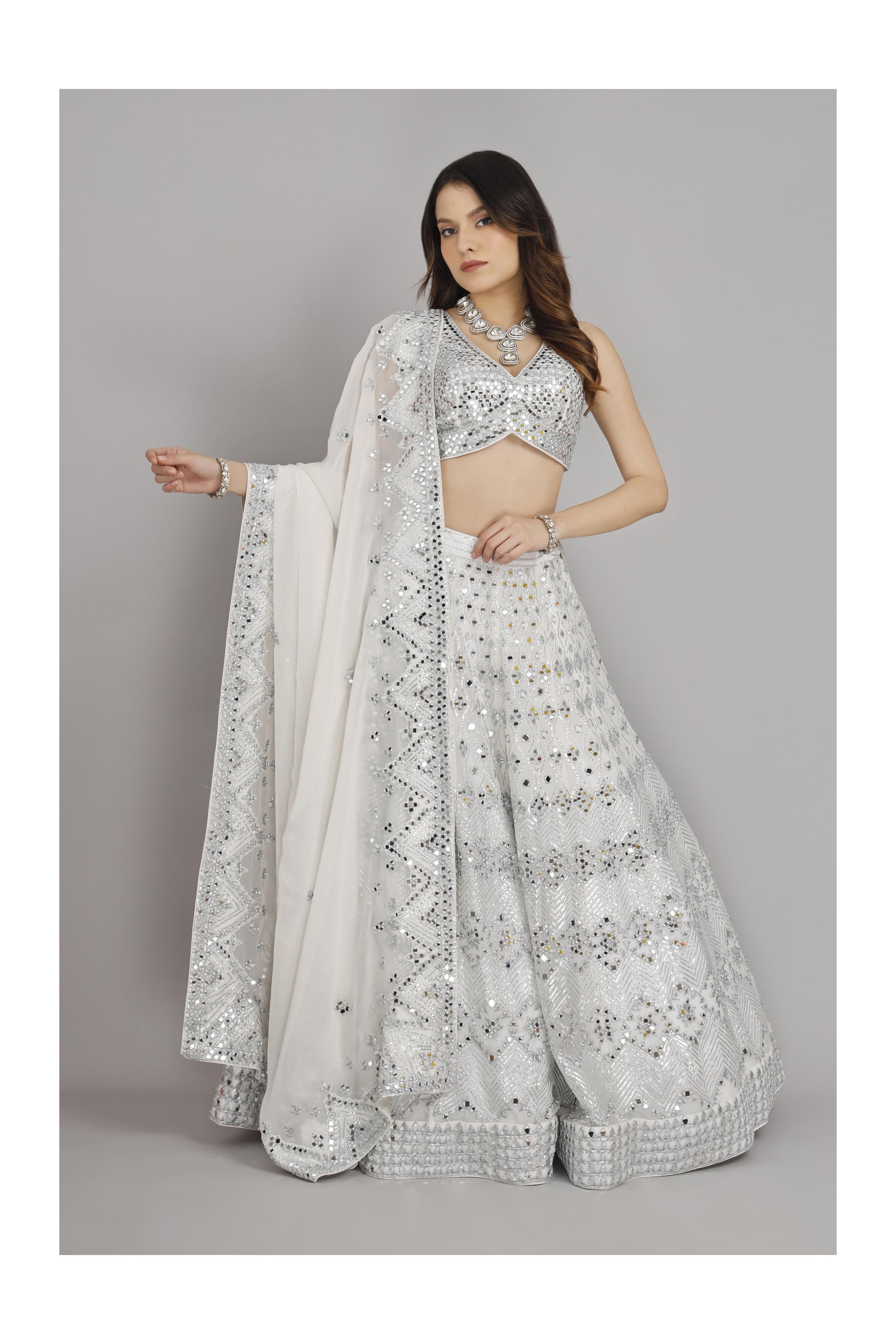 Silk Organza Mirror Embroidery Lehenga