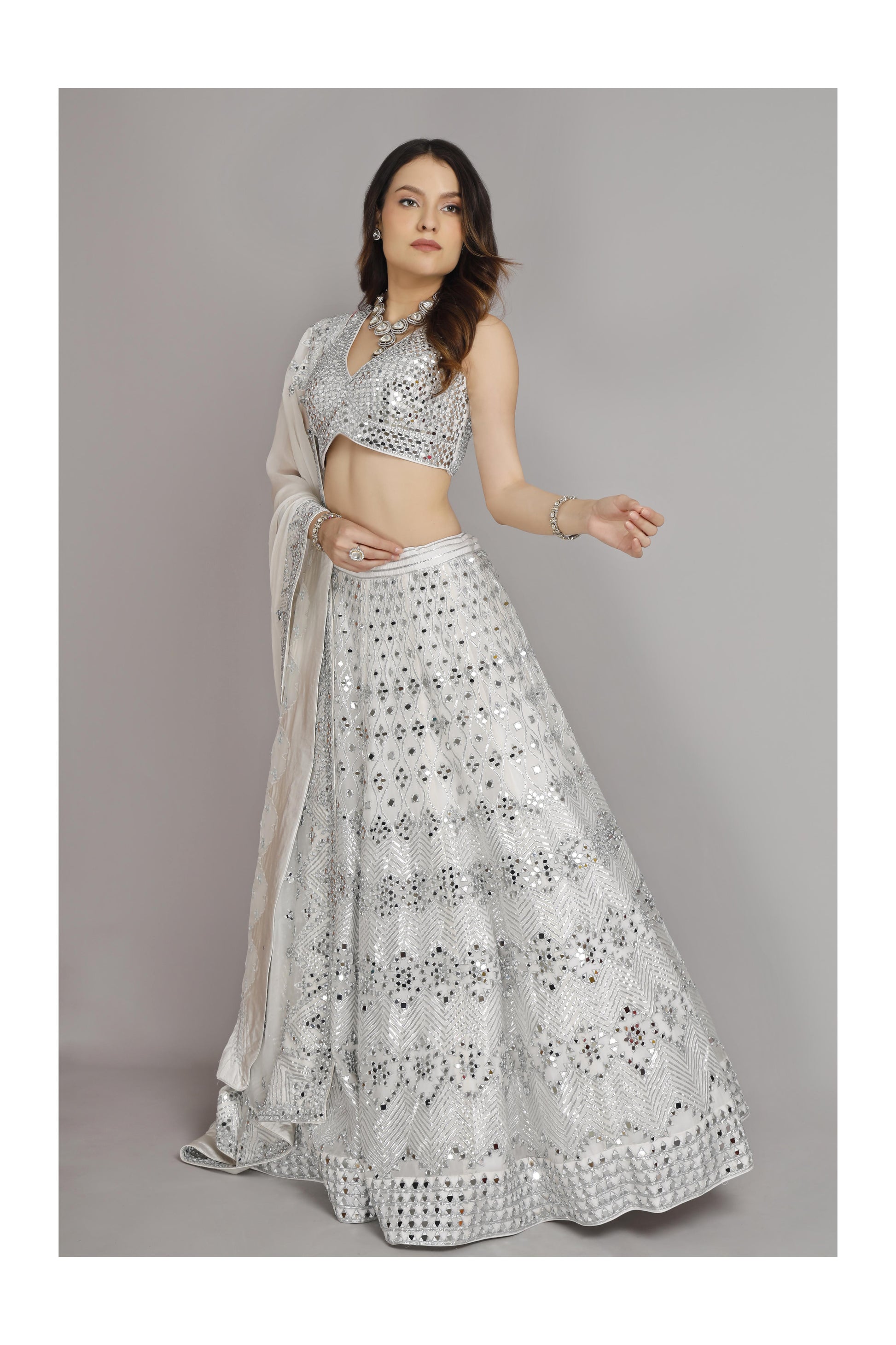 Silk Organza Mirror Embroidery Lehenga