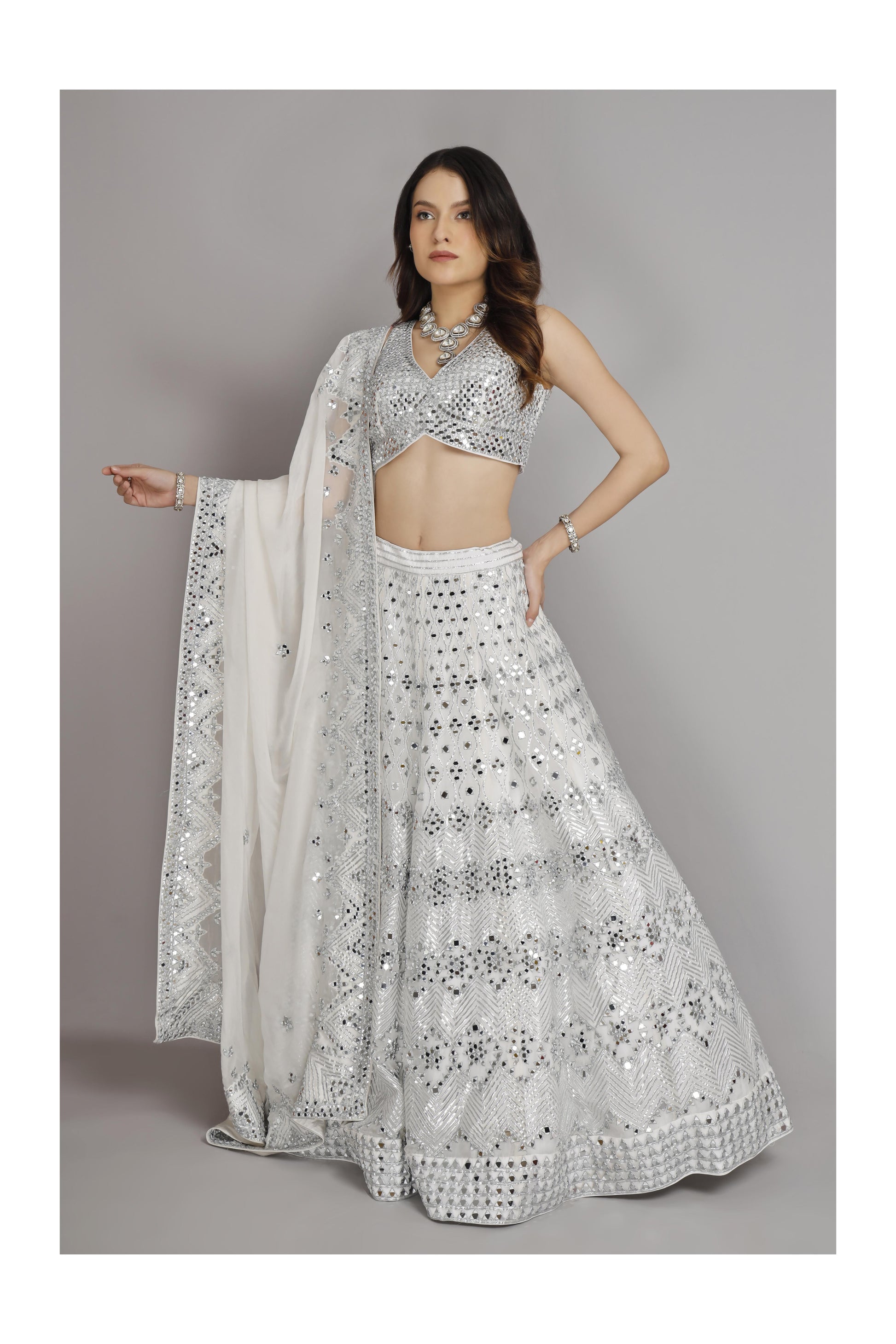 Silk Organza Mirror Embroidery Lehenga