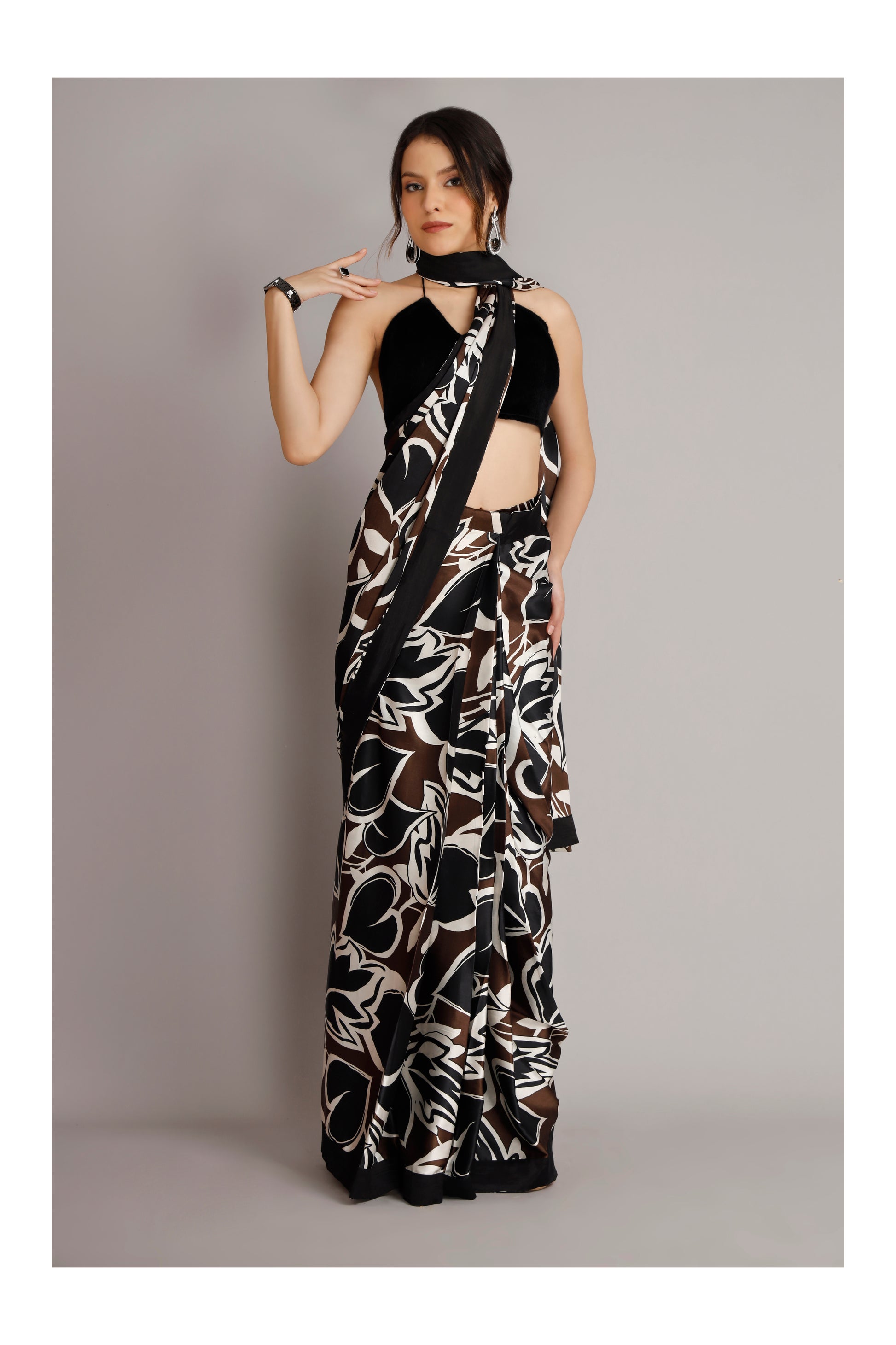 Satin Silk Pre-Draped Saree with Fur Bralette