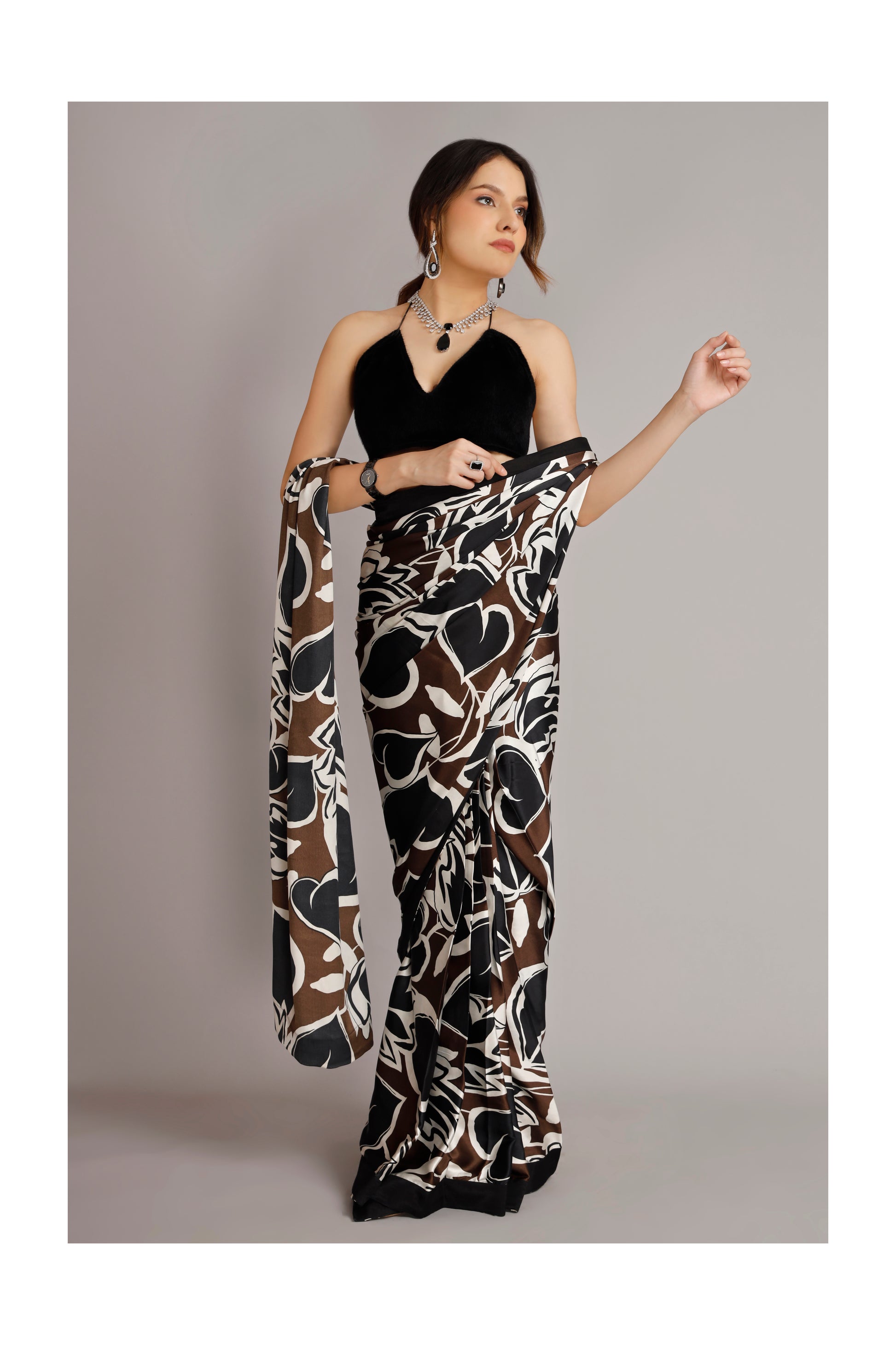 Satin Silk Pre-Draped Saree with Fur Bralette