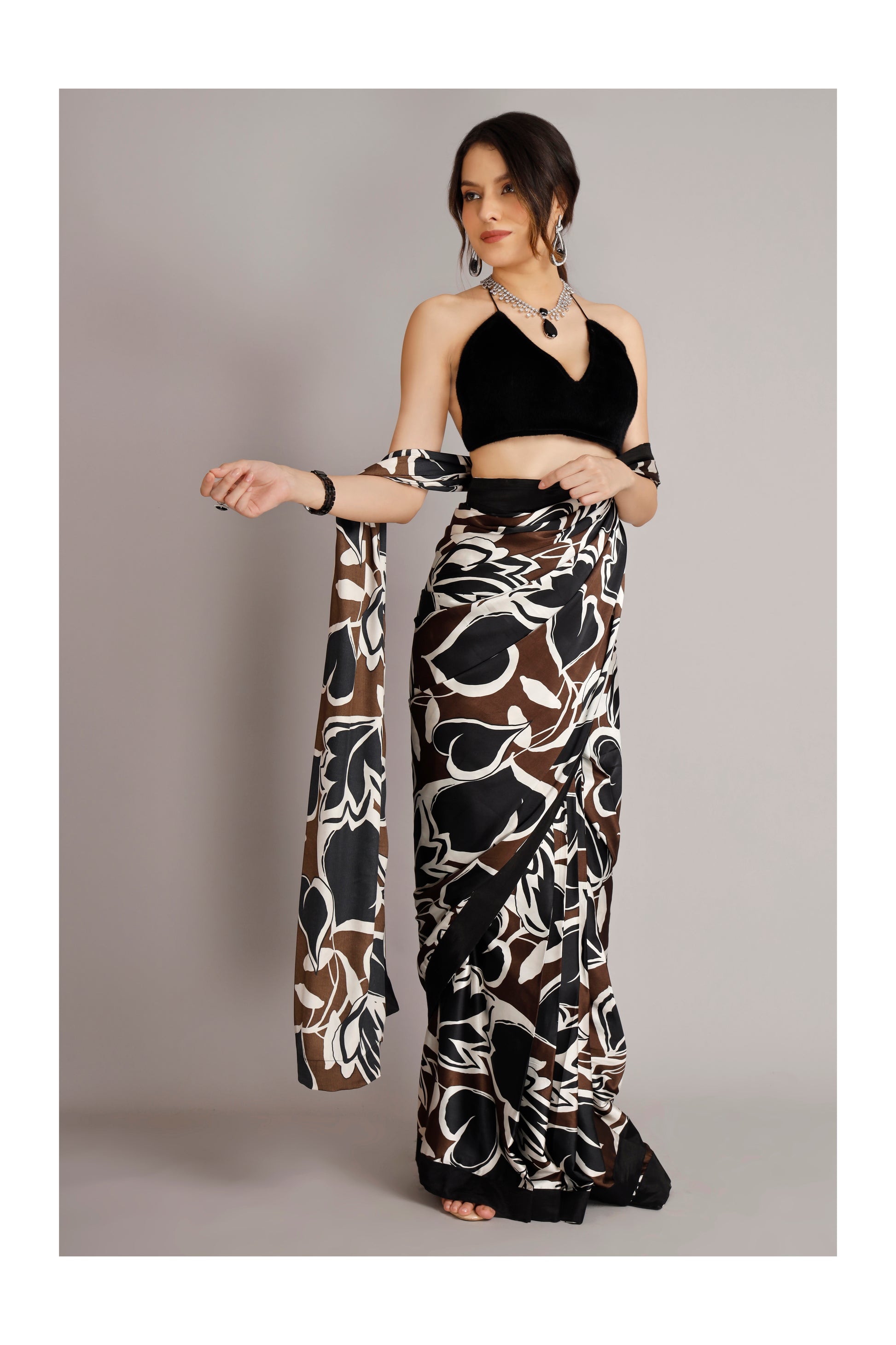 Satin Silk Pre-Draped Saree with Fur Bralette