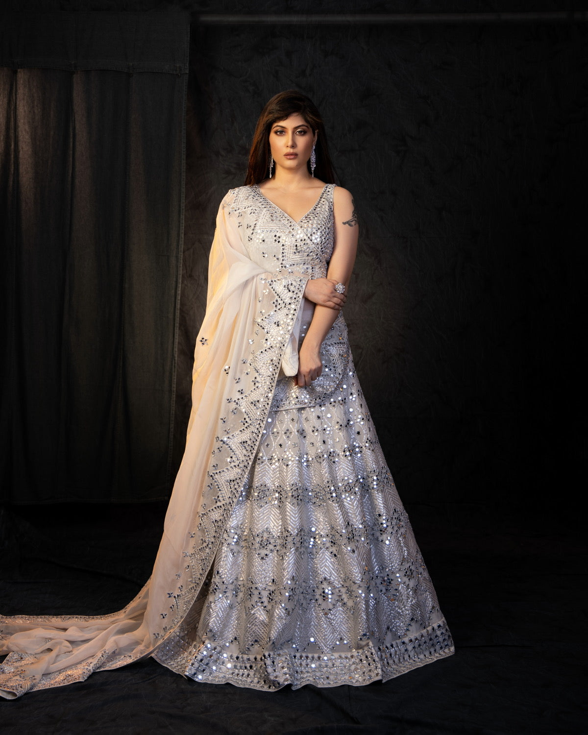 Silk Organza Mirror Embroidery Lehenga