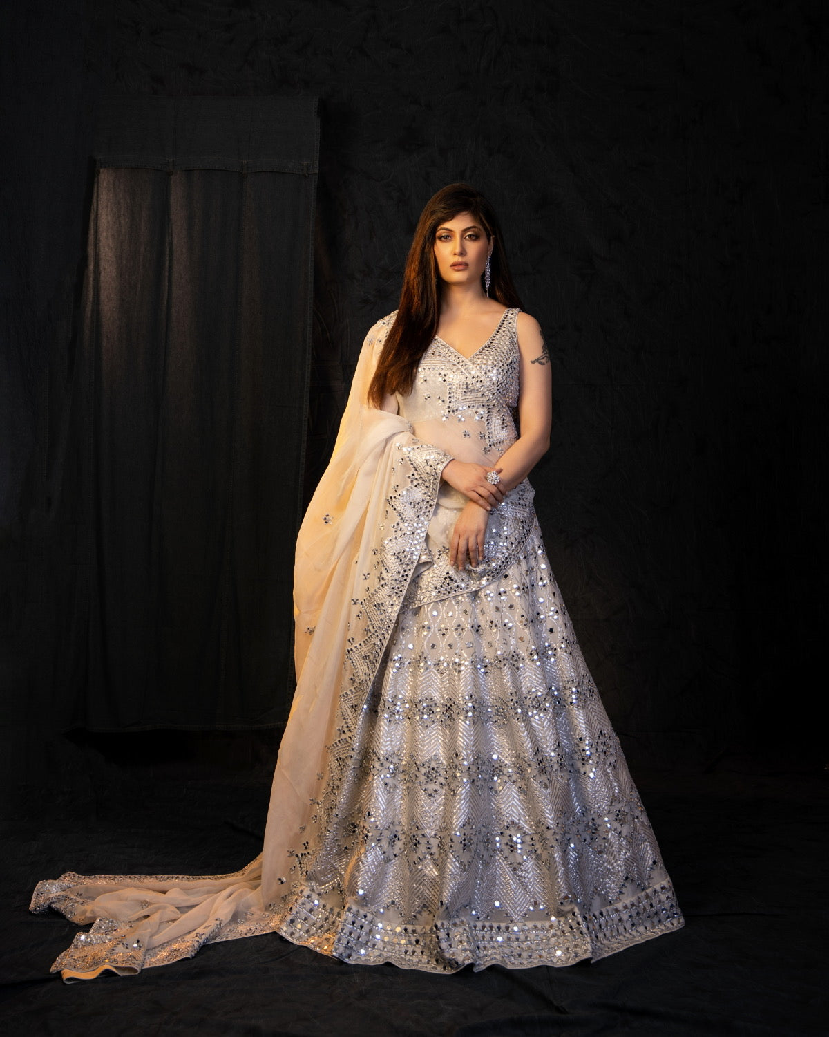 Silk Organza Mirror Embroidery Lehenga
