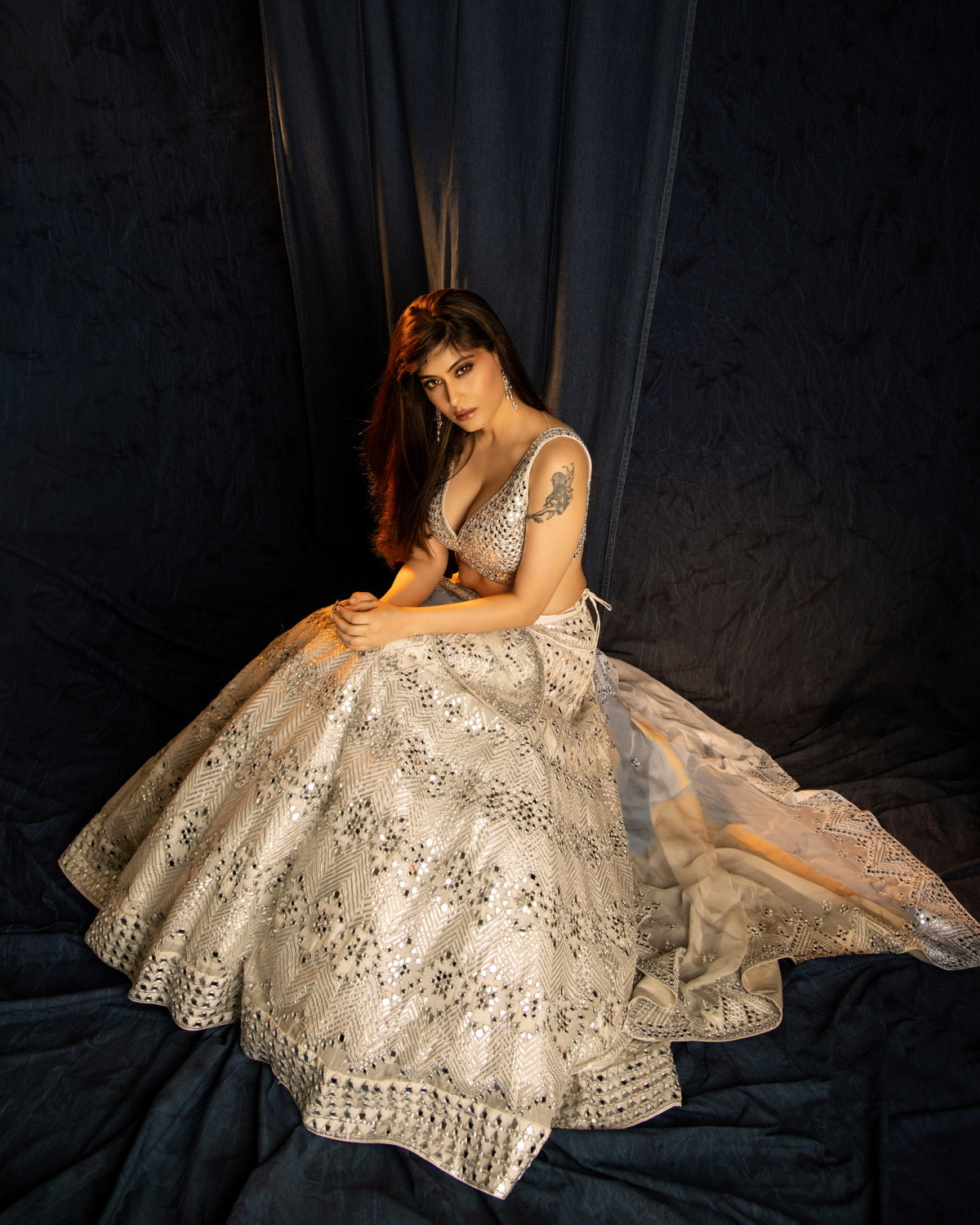 Silk Organza Mirror Embroidery Lehenga