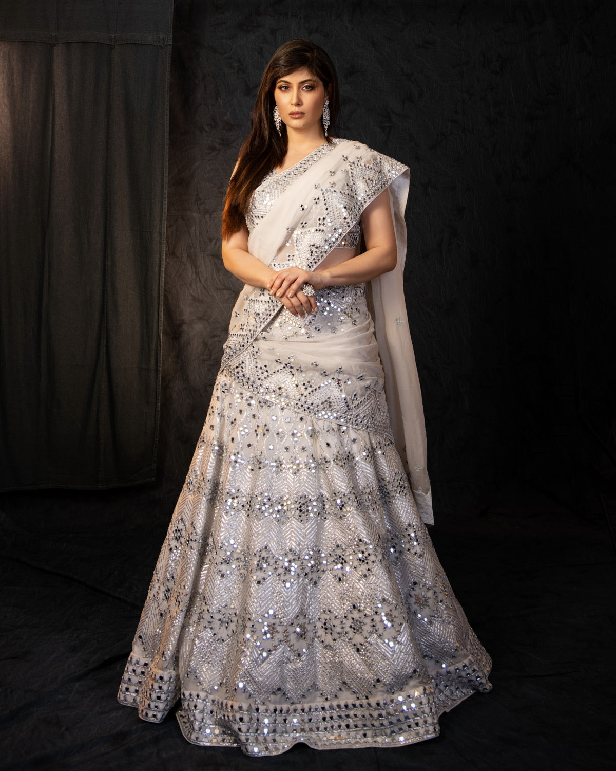 Silk Organza Mirror Embroidery Lehenga