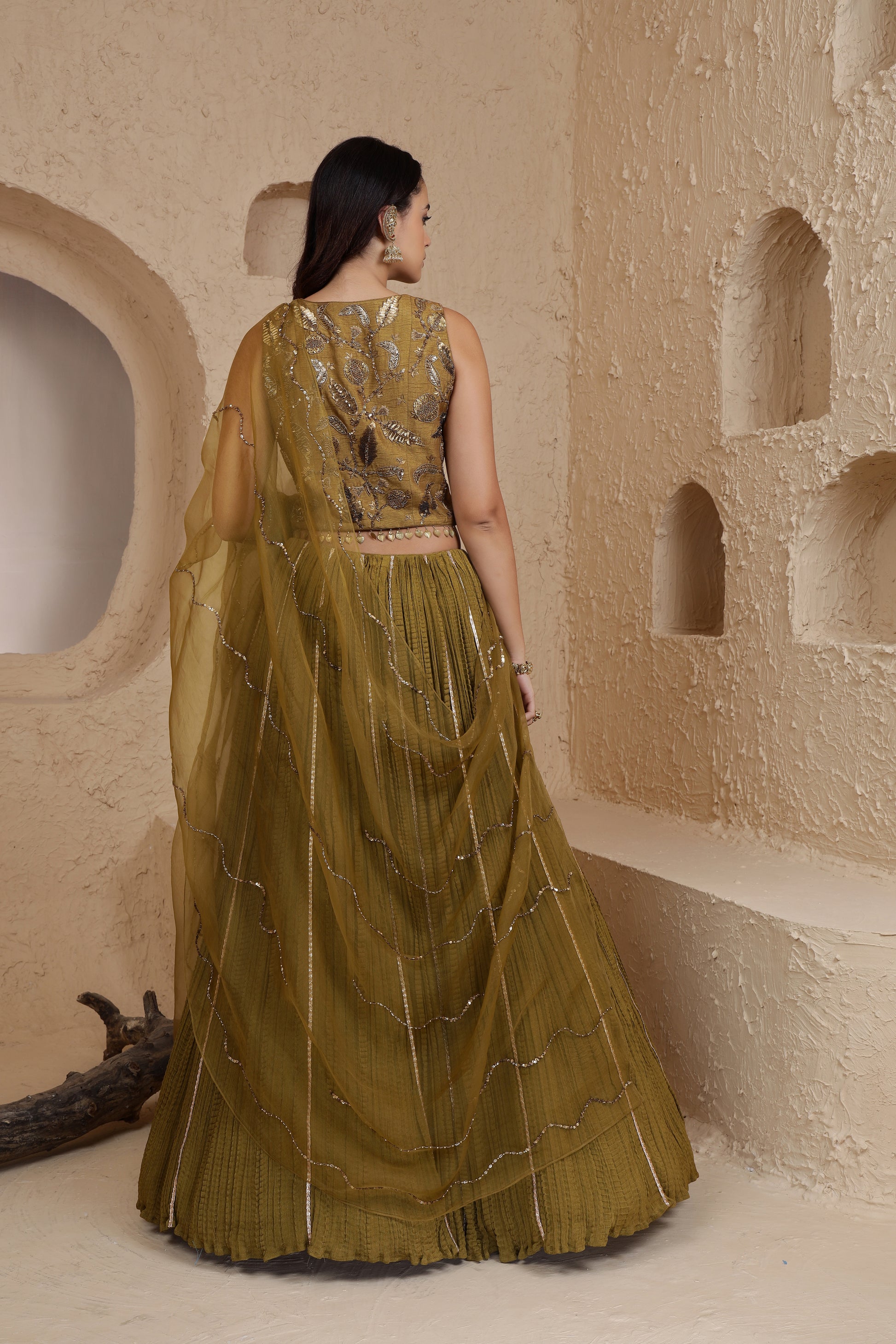 Heena Green Crinkled Lehenga with Anaar Motifs