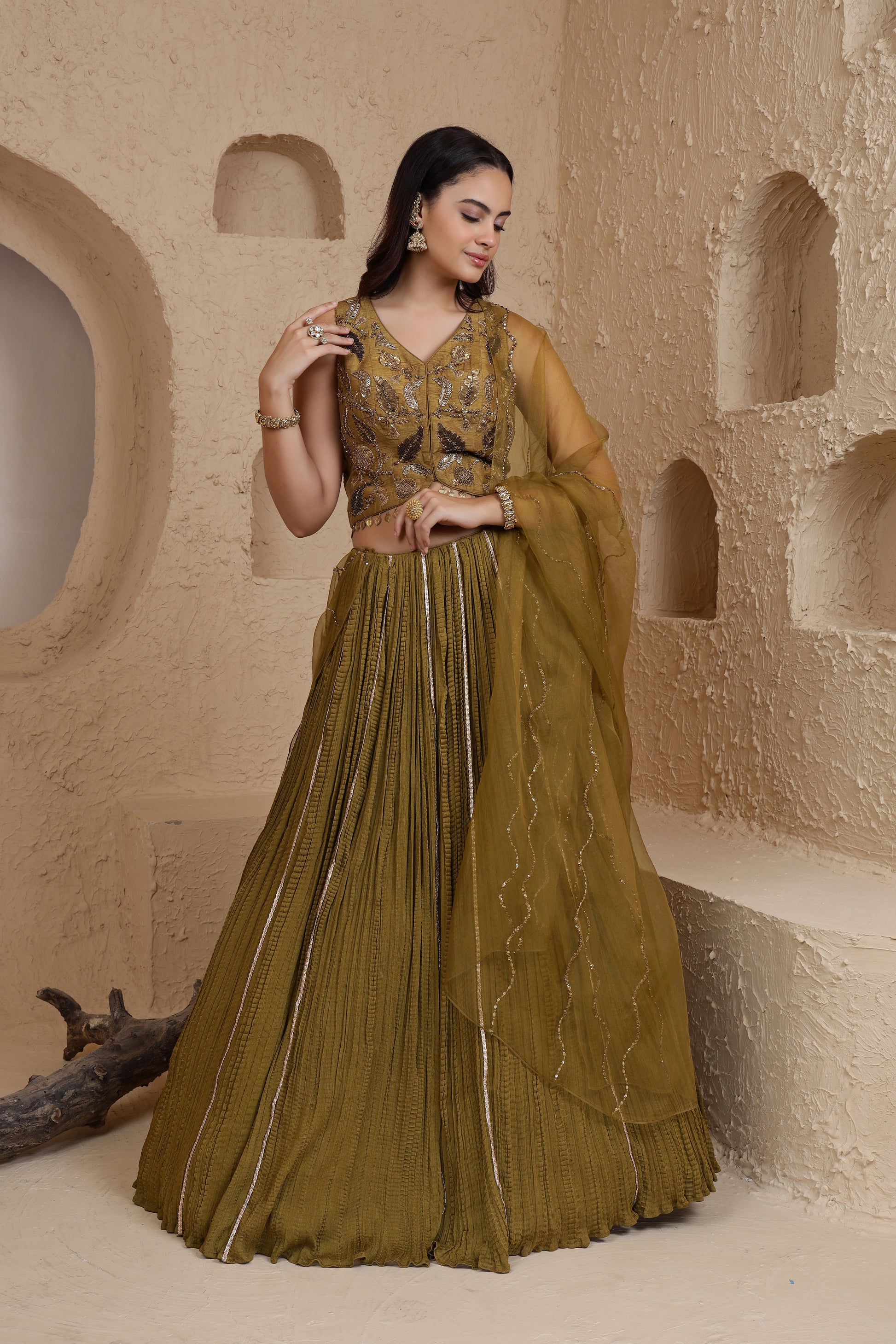 Heena Green Crinkled Lehenga with Anaar Motifs