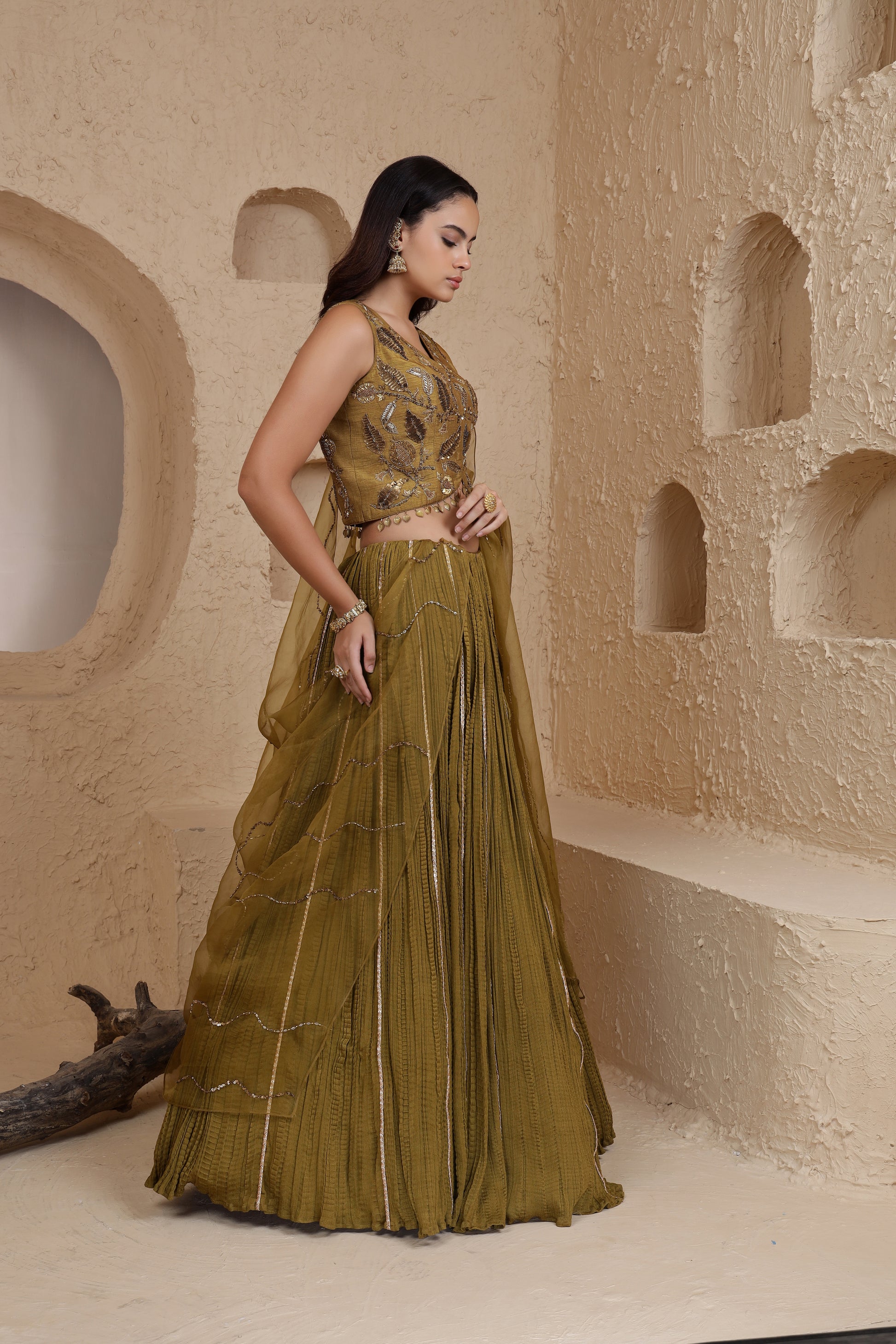 Heena Green Crinkled Lehenga with Anaar Motifs
