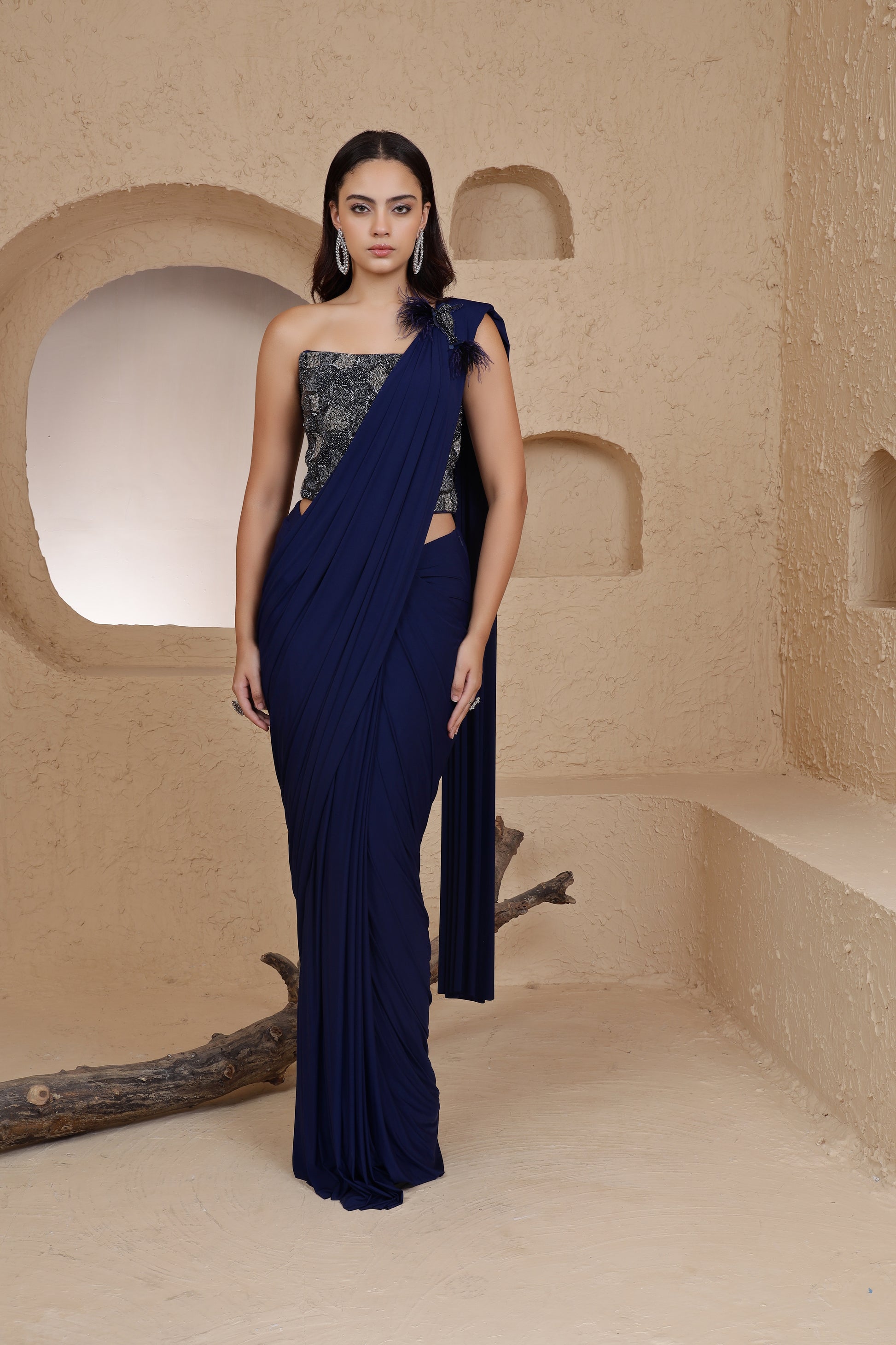Navy Blue Pre-Draped Saree with Corset & Brooch