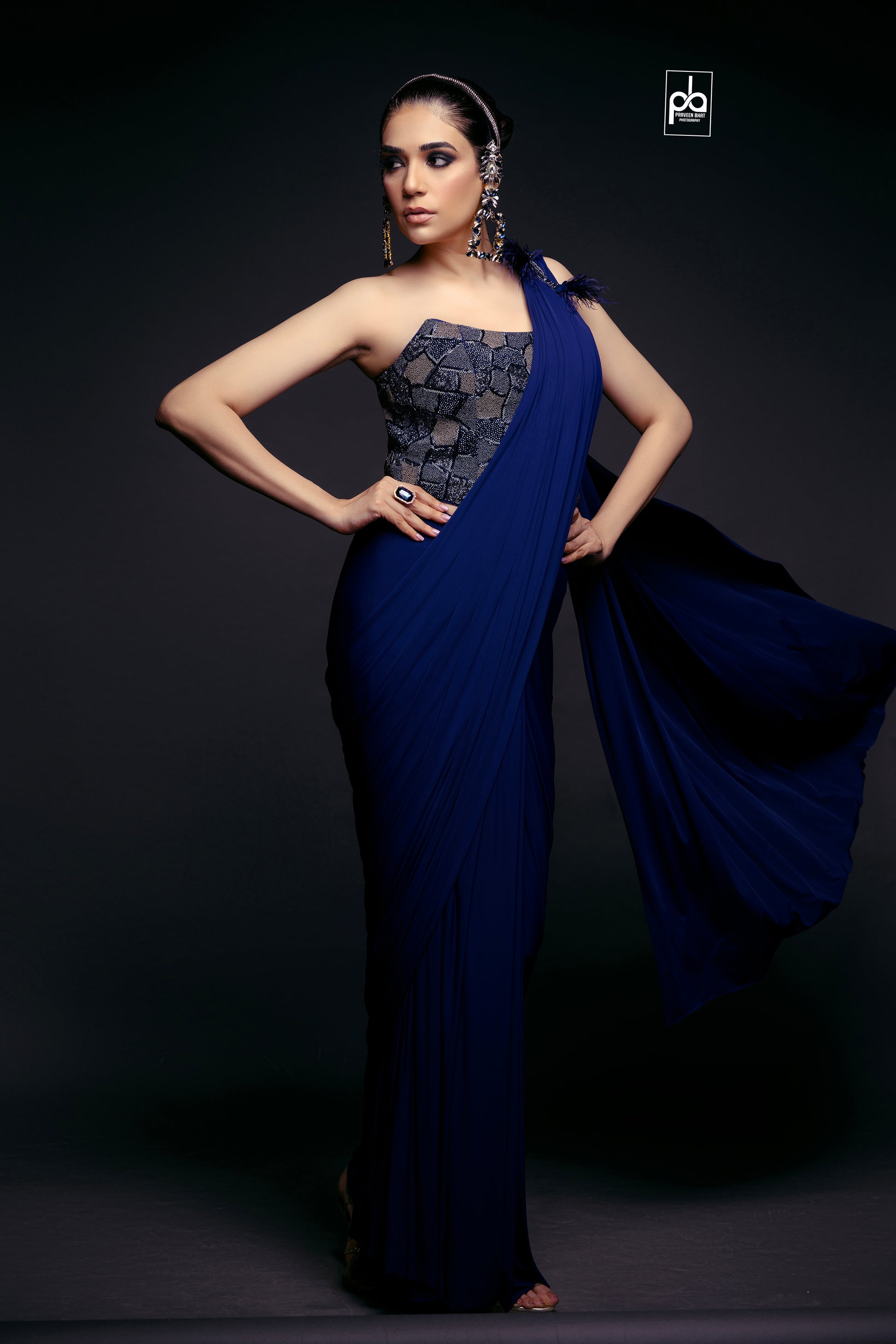 Navy Blue Pre-Draped Saree with Corset & Brooch