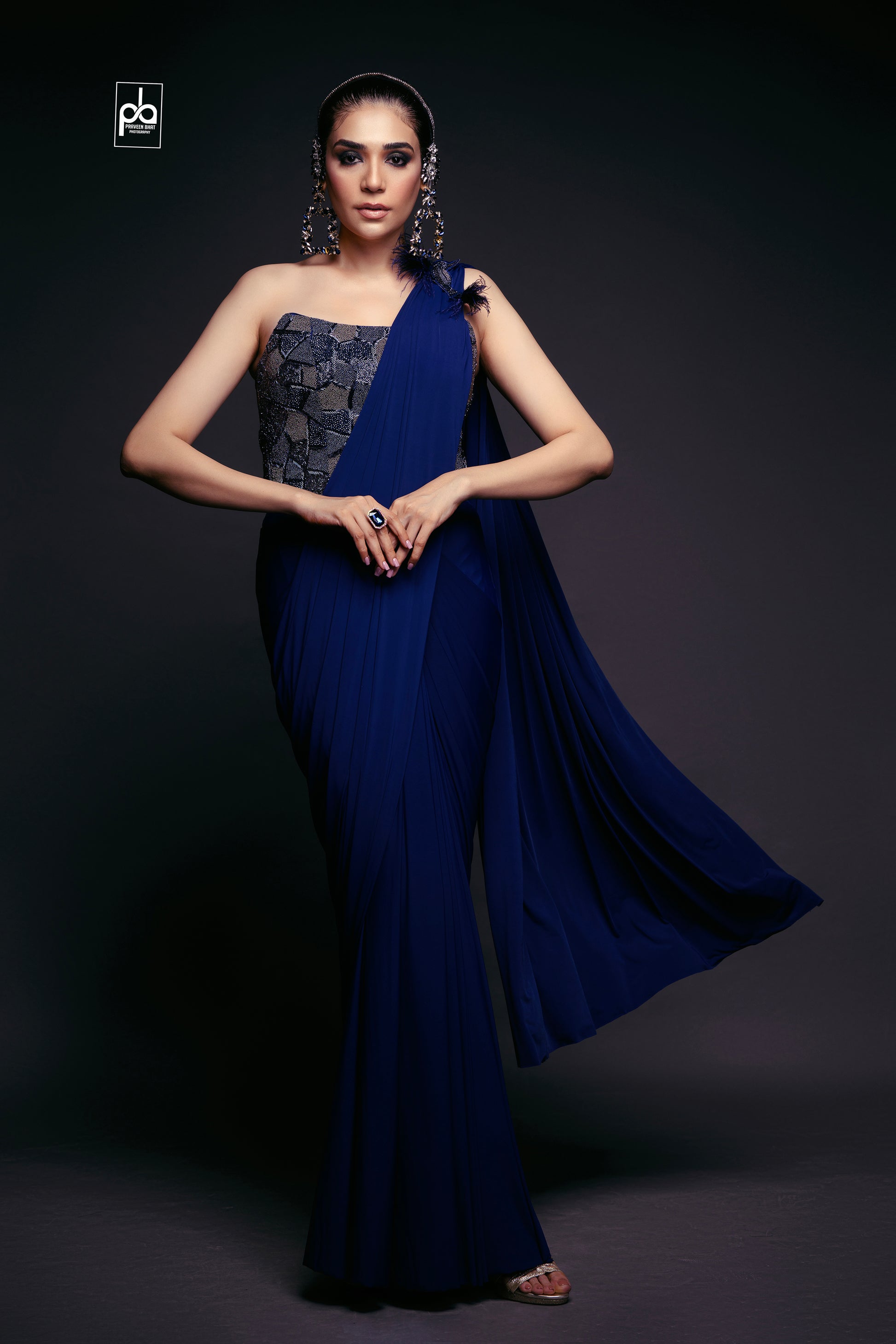 Navy Blue Pre-Draped Saree with Corset & Brooch