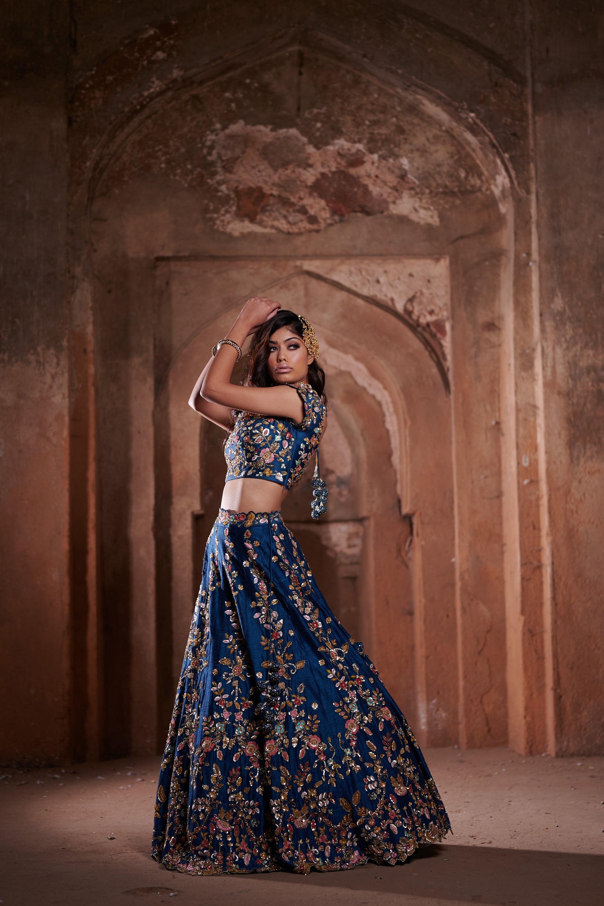 Pre-Bridal Raw Silk Lehenga with Net Dupatta – Hand Embroidered in Blue
