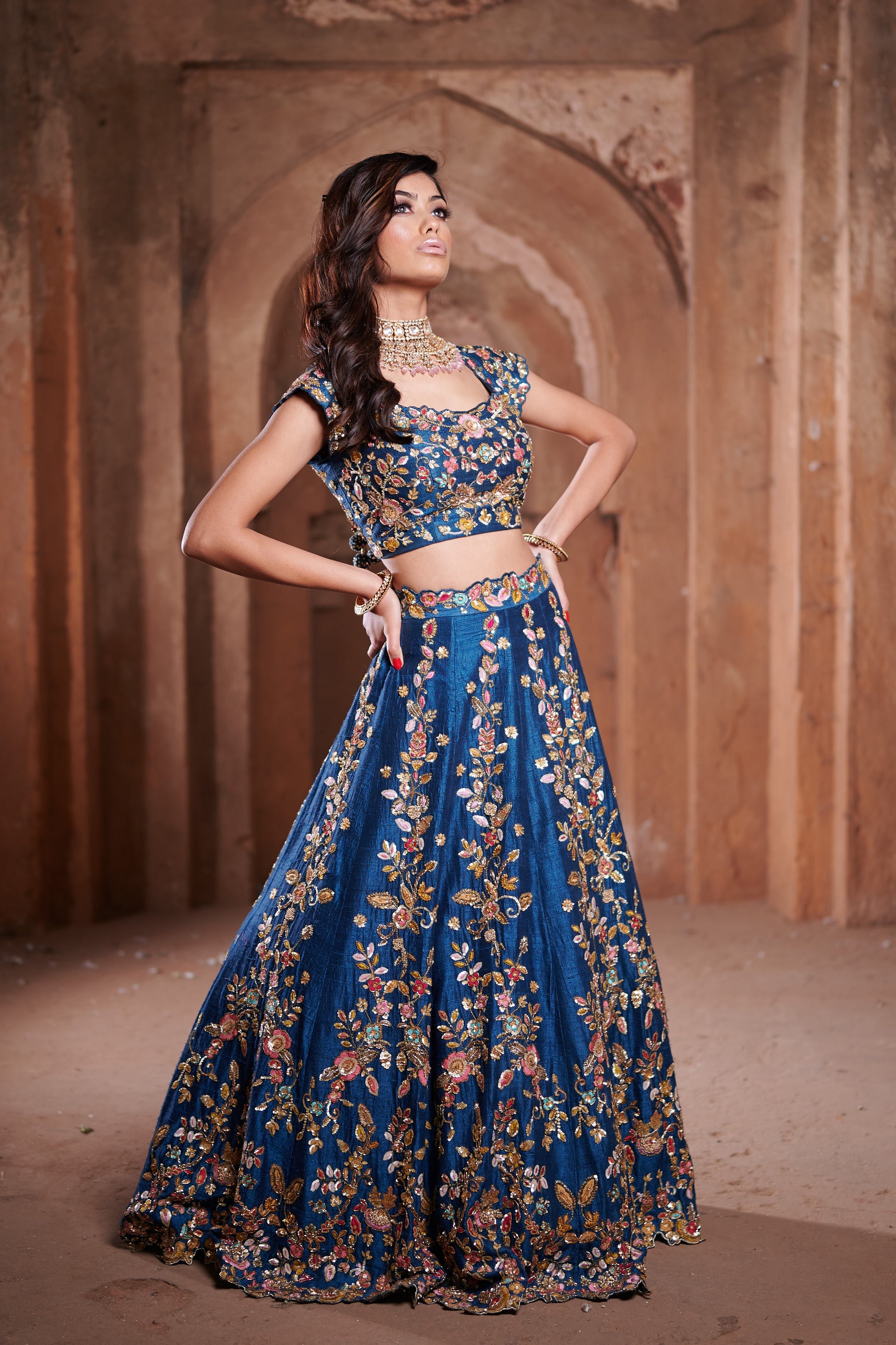 Pre-Bridal Raw Silk Lehenga with Net Dupatta – Hand Embroidered in Blue