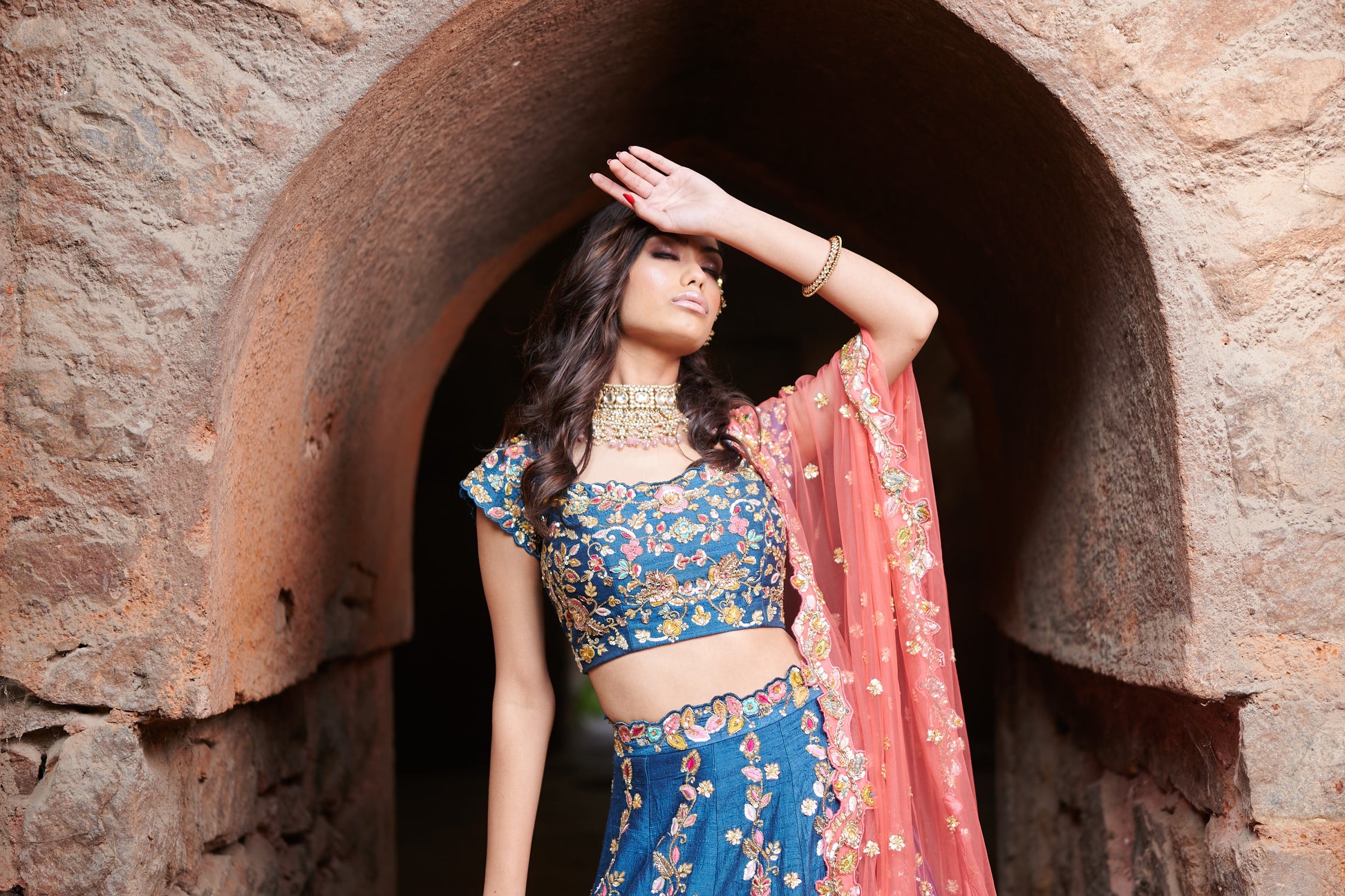 Pre-Bridal Raw Silk Lehenga with Net Dupatta – Hand Embroidered in Blue